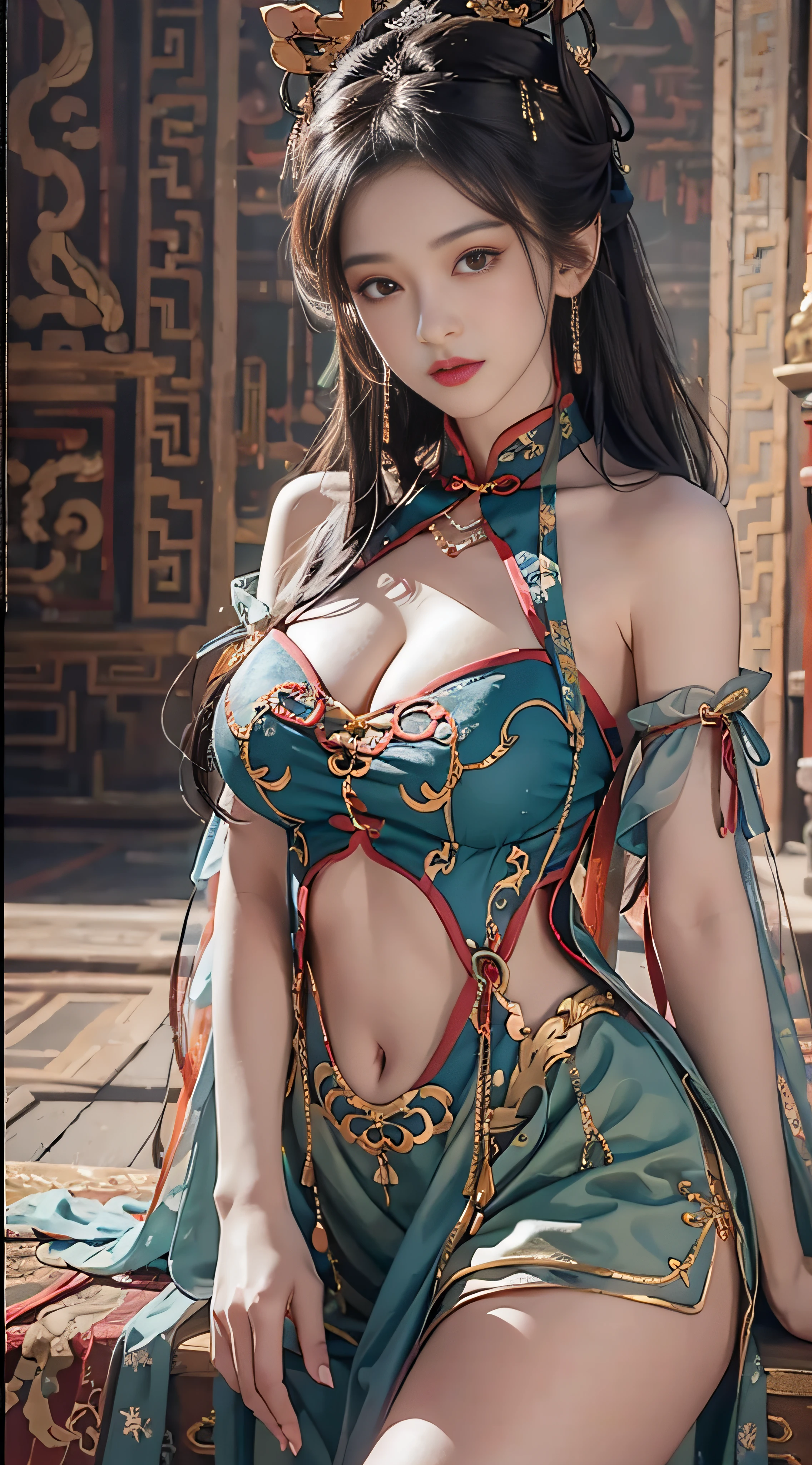 (From the outside) , many color,Best quality at best,8K,Real photos,Delicate skin details,tmasterpiece,photograph of-realistic,Complicated details,RAW photogr,Court,Gorgeous cheongsam,Extra-long hair,cropped shoulders,delicated face,Expose cleavage,decorations,Perfect Finger,Dissection is correct,(Huge room,0.8),shiny skins,arms on hips