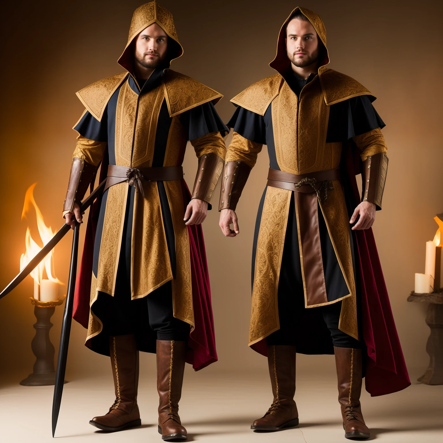 RPG Model: ember, dressed in a Renaissance street costume , stands in full growth, His boots are visible, Front light .