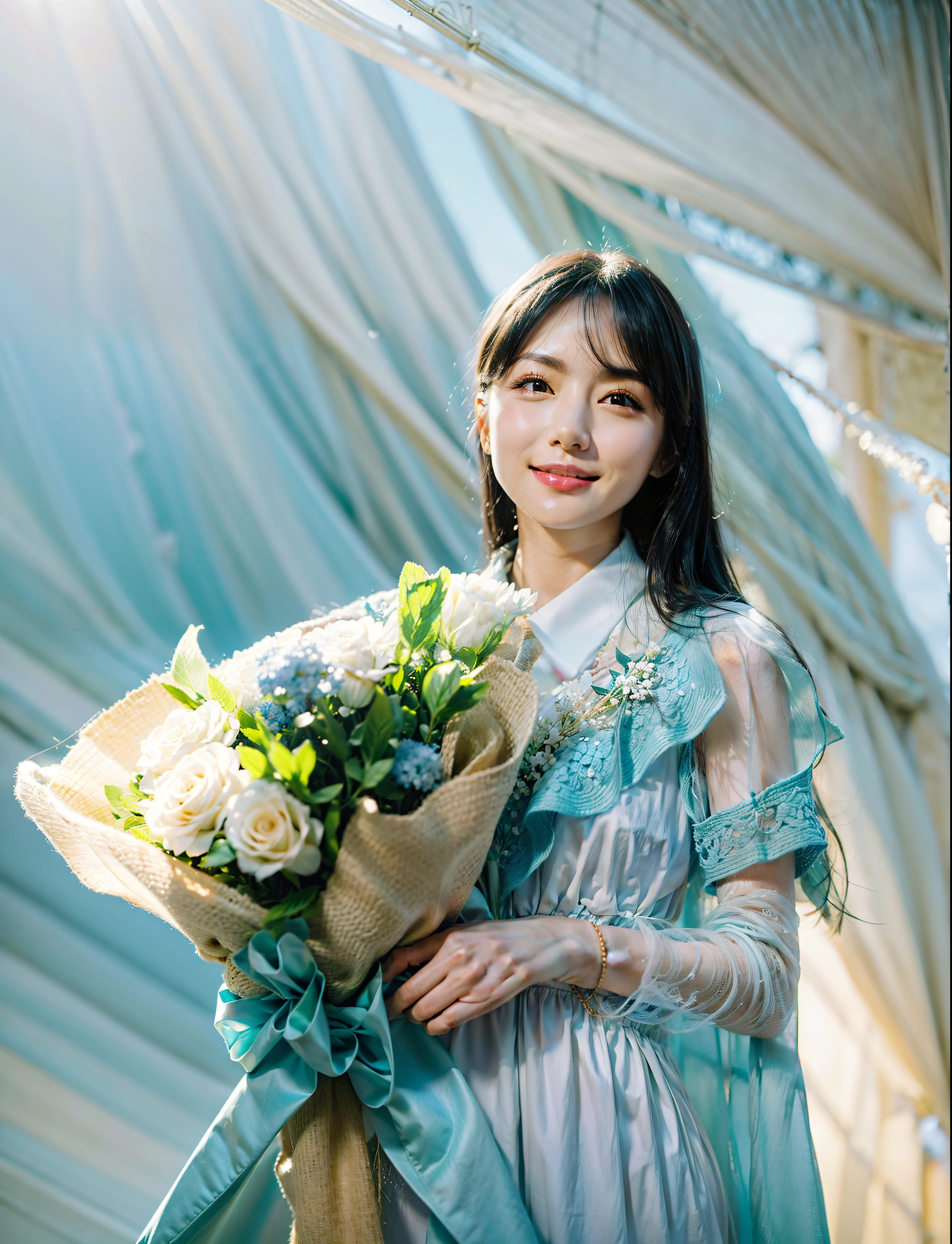 beuaty girl,Long black hair,Delicate face,light  smile,Holding a very beautiful bouquet of light blue flowers,solid color simple background,Soft lighting,rendering by octane,