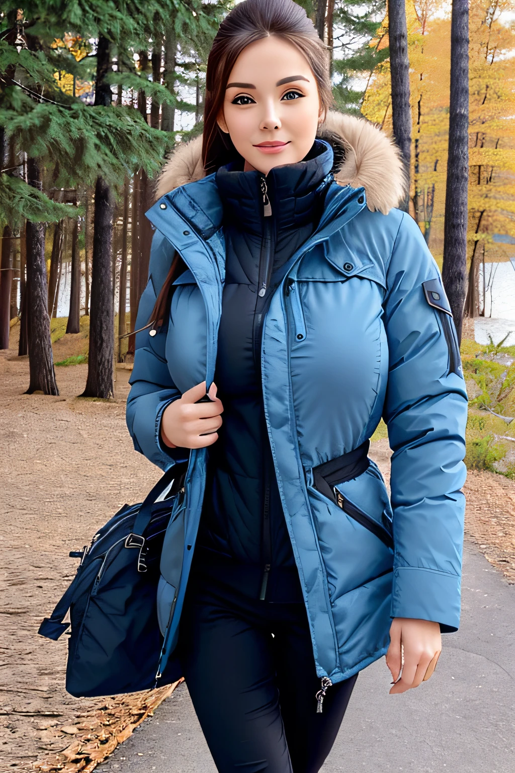 Make a woman with big breast, Blue long winterjacket , with open zipper, with face, body, Lakeside house, travel bag, black pants, dog