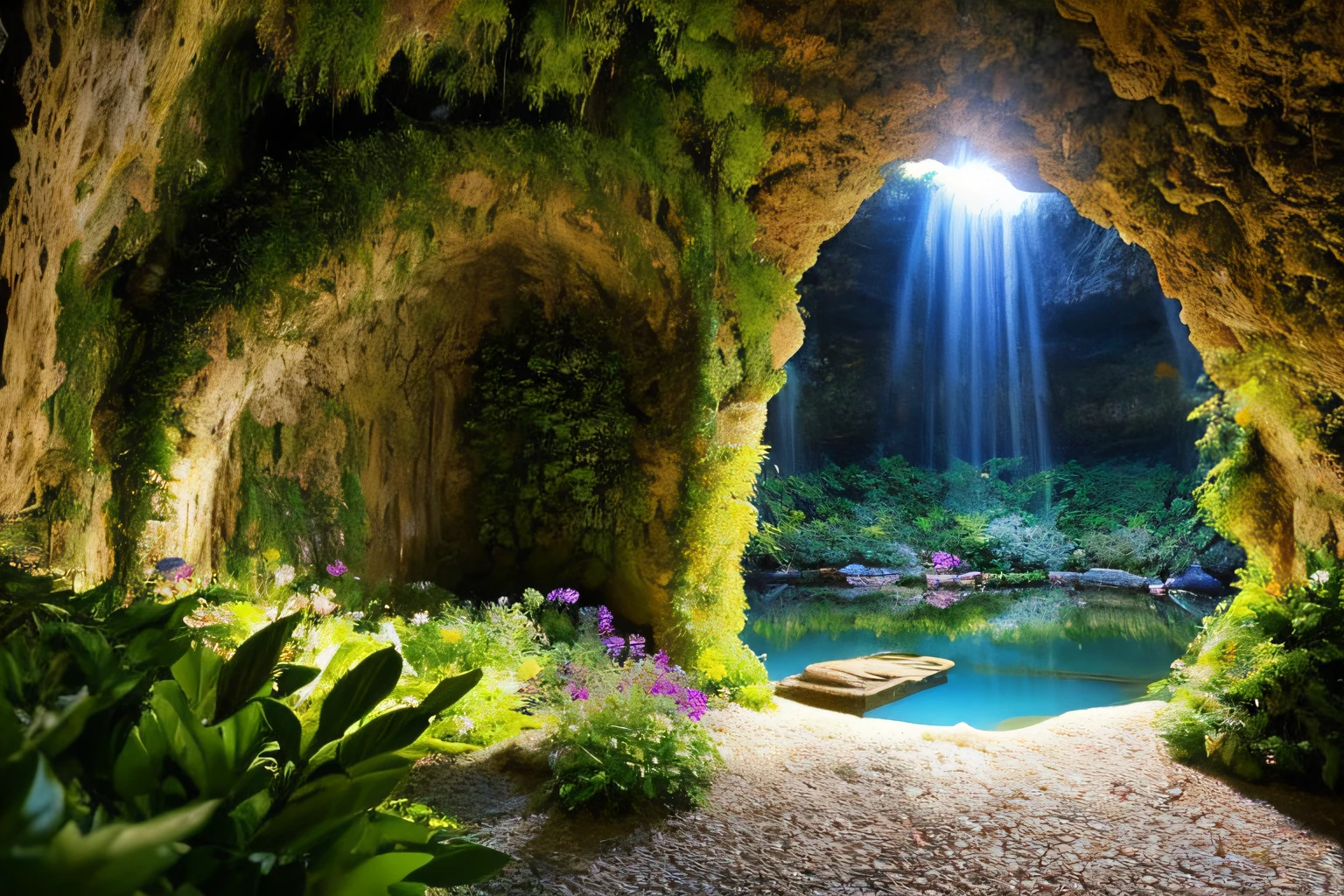 grotte, Eau, fleurs, ,porte, la plus oeuvre du monde, plantes grimpantes, espace,