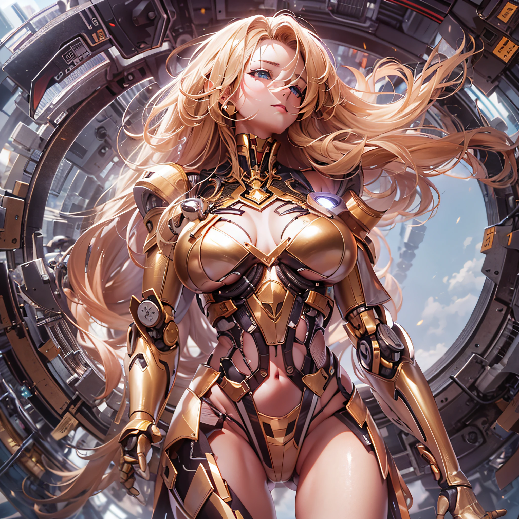 stratosphere,Robot shootouts,karo,Very beautiful,The head is human,a blond,Mechanized girl,gigantic breasts,navel,reaching out,sulking,full body,from below,Masterpiece, high definition, perfect composition, perfect face, perfect body, golden ratio, 8K,