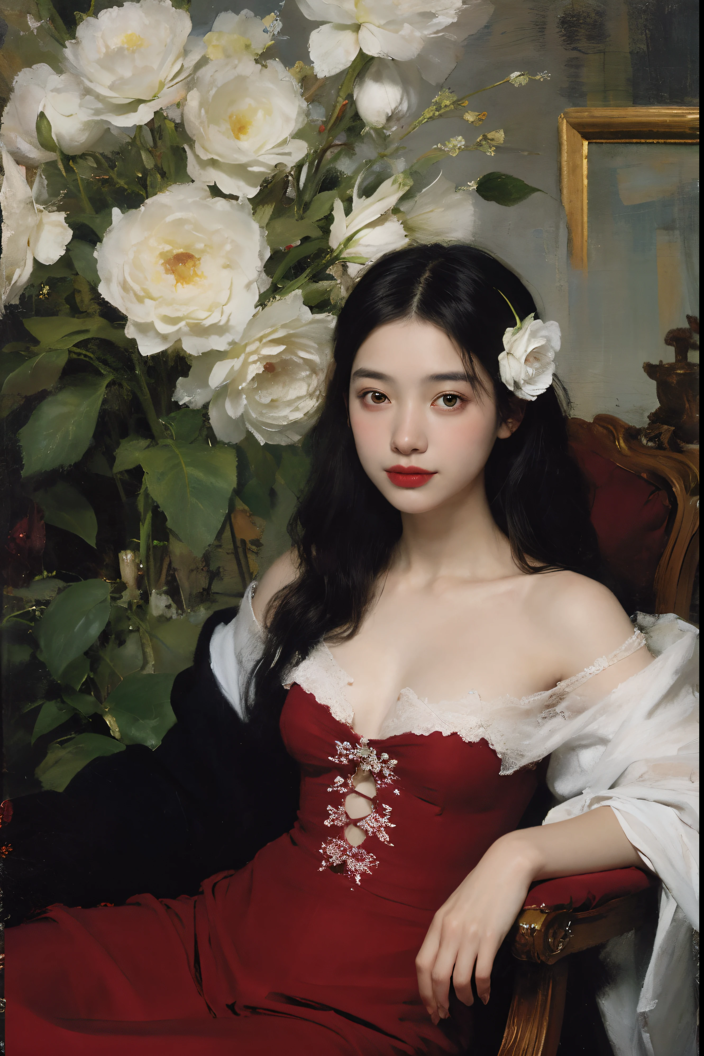 (Oil painting: 1.5),
\\
A woman with long black hair and white flowers in her hair sitting under a red peony flower, rose red dress (Amy Saul: 0.248), (Stanley Arteg Liu: 0.106), (a detailed painting: 0.353), (Gothic art: 0.106)