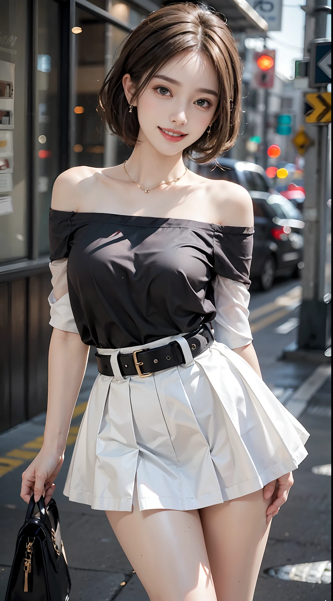 ((full body)), ((Random shooting angle)), ((realistic)), 1girll, posed for photo, Outdoor scene, Stand up, Pleasing posture, pretty legs, looking at viewert, Detailed scenes, curlies, Air bangs, Beautiful hair accessories, Brownish-yellow hair, light make-up, Blushlush, Gloss on lips, ((off shoulder clothes)), ((black shirt, Short white high-waisted skirt, Nice belt)), (Campus style), warm lights, a warm color palette, Detailed details, ultra-detailliert, (tmasterpiece, best qualtiy), (An extremely delicate and beautiful work), Delicate earrings, Delicate necklace, Simple blurred background, Extreme detail description, Ultra-fine painting, Delicate face, slim toned body, Slimming the waist, (grin, happy grin, Baring teeth), (anatomy correct)