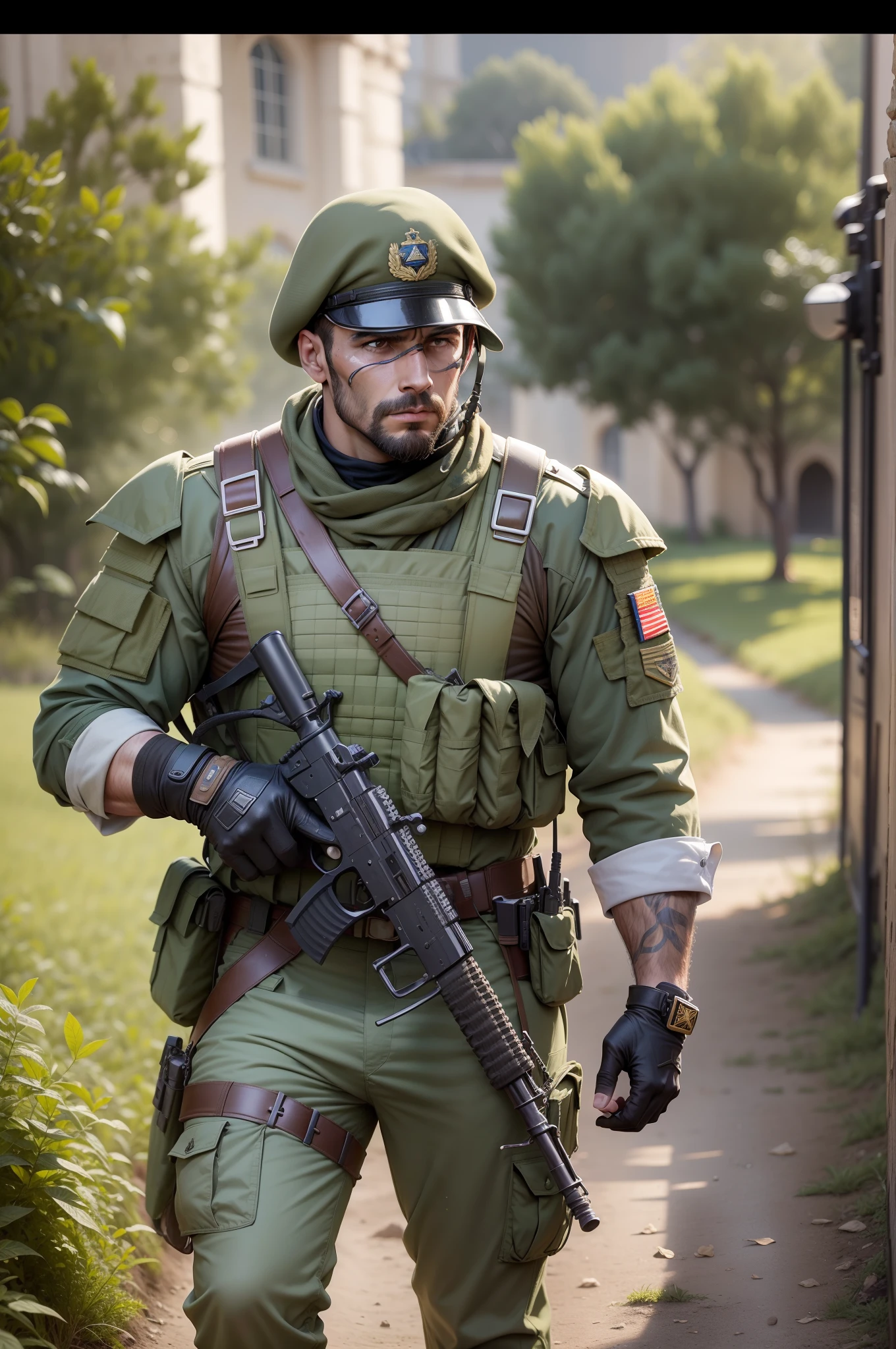 Soldado de elite homem, de frente, com uma arma grande, na guerra, Protecting a family, no campo de batalha, realista, 8k, em uma guerra, escuro, Protecting a family in the background