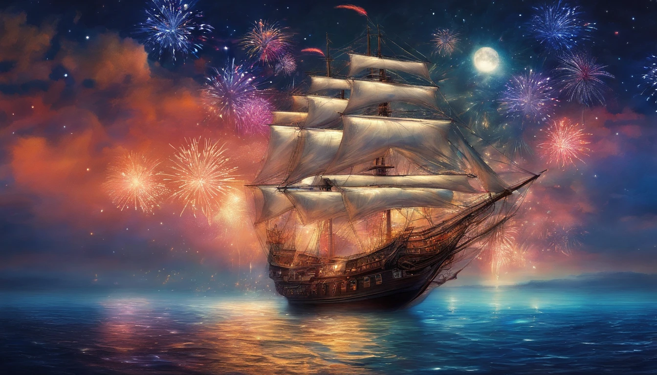 sailing ship, sea, moonlight, (firework), particle effects, Magical realism