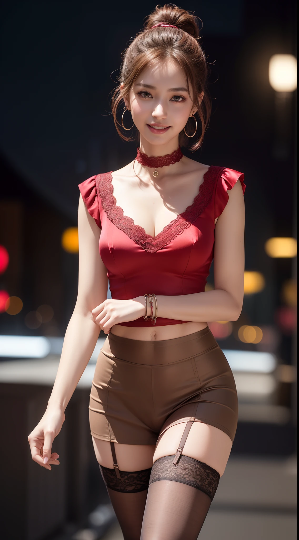 8k, masterpiece, RAW photo, best quality, photorealistic, extremely detailed CG unity 8k wallpaper, Depth of field, Cinematic Light, Lens Flare, Ray tracing, (extremely beautiful face, beautiful lips, beautiful eyes), intricate detail face, ((ultra detailed skin)) 1girl, in the dark, deep shadow, pretty Asian girl, idol, 1 girl, (very slim slender fit-muscled body:1.3), ((looking at viewer)),(big smile:1.3), (tight laced blouse), ((hot pink color blouse)), (v-neck short sleeve) , (city night, dark night, (blurred background), dim lights, cityscape, rooftops, beautiful earrings, bracelets, necklace, pantyhose, clear eyes, (pale skin), (big eyes), face forward, ((upper body shot)), ((silk red color skirt)),(brown hairs),((tight fitting skirt )), (looking at viewer:1.3), open breast, (very slim), medium breasts, (laced stockings ),((flooming laced blouse )), ((camel toe)), updo hair, short hair