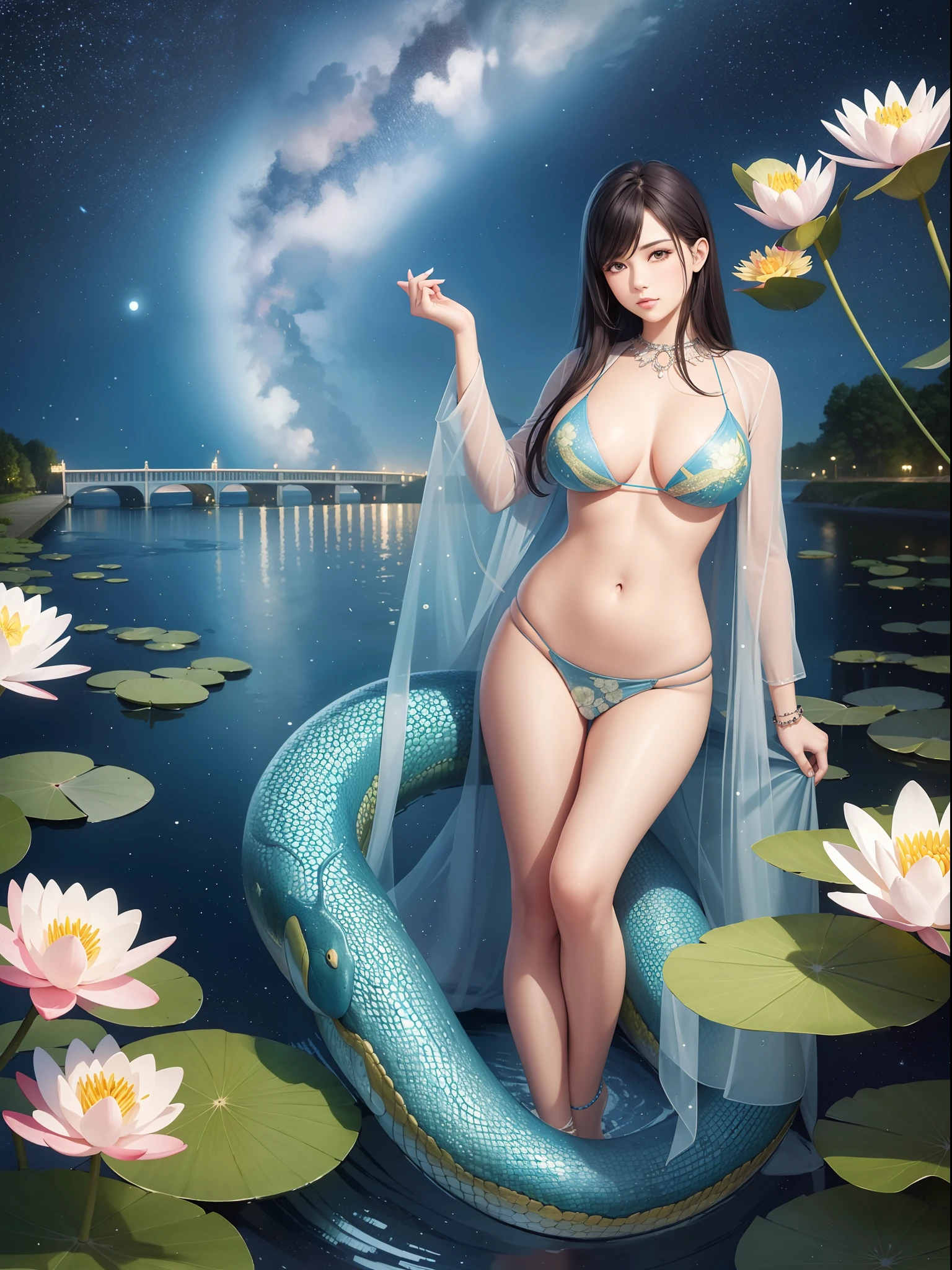 Colored line art night quiet starry sky and lake water, water lily, Bridge, Very realistic and detailed painting, Pencil, Colored pencils,8A giant snake with the body of a beautiful woman、It's beautiful8Man Woman、