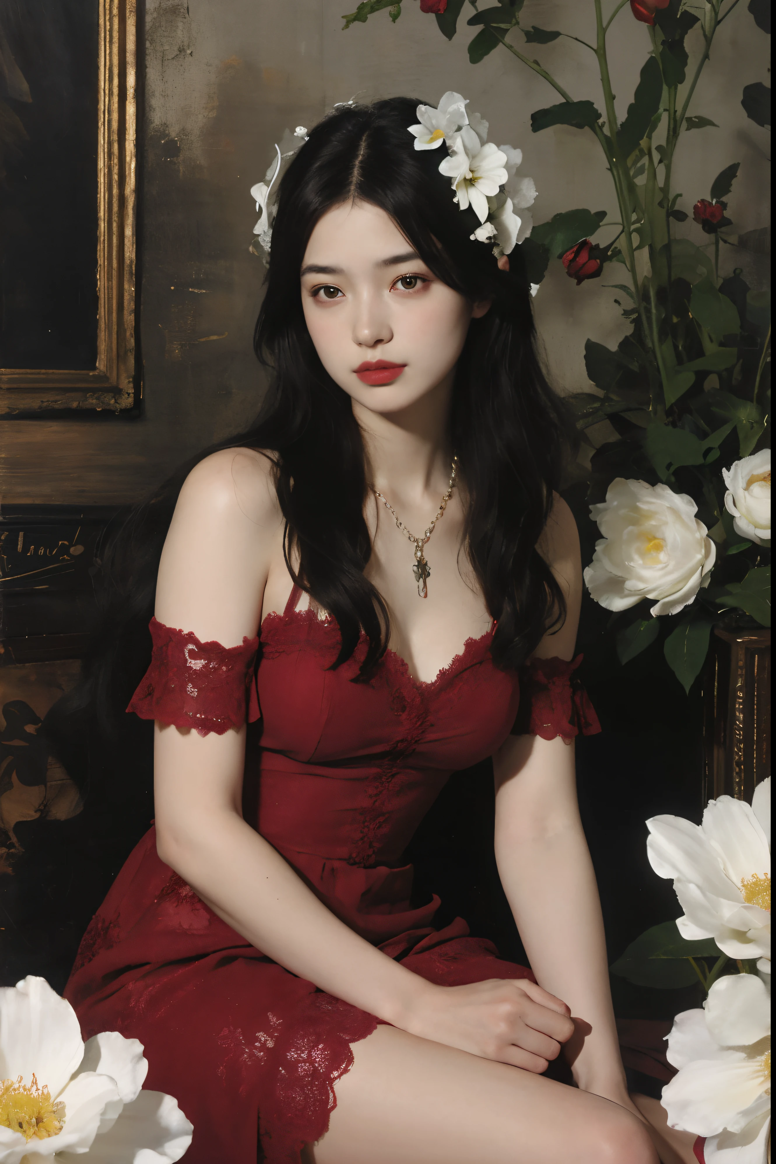 (Oil painting: 1.5),

\\

A woman with long black hair and white flowers in her hair sitting under a red peony flower, rose red dress (Amy Saul: 0.248), (Stanley Arteg Liu: 0.106), (a detailed painting: 0.353), (Gothic art: 0.106)