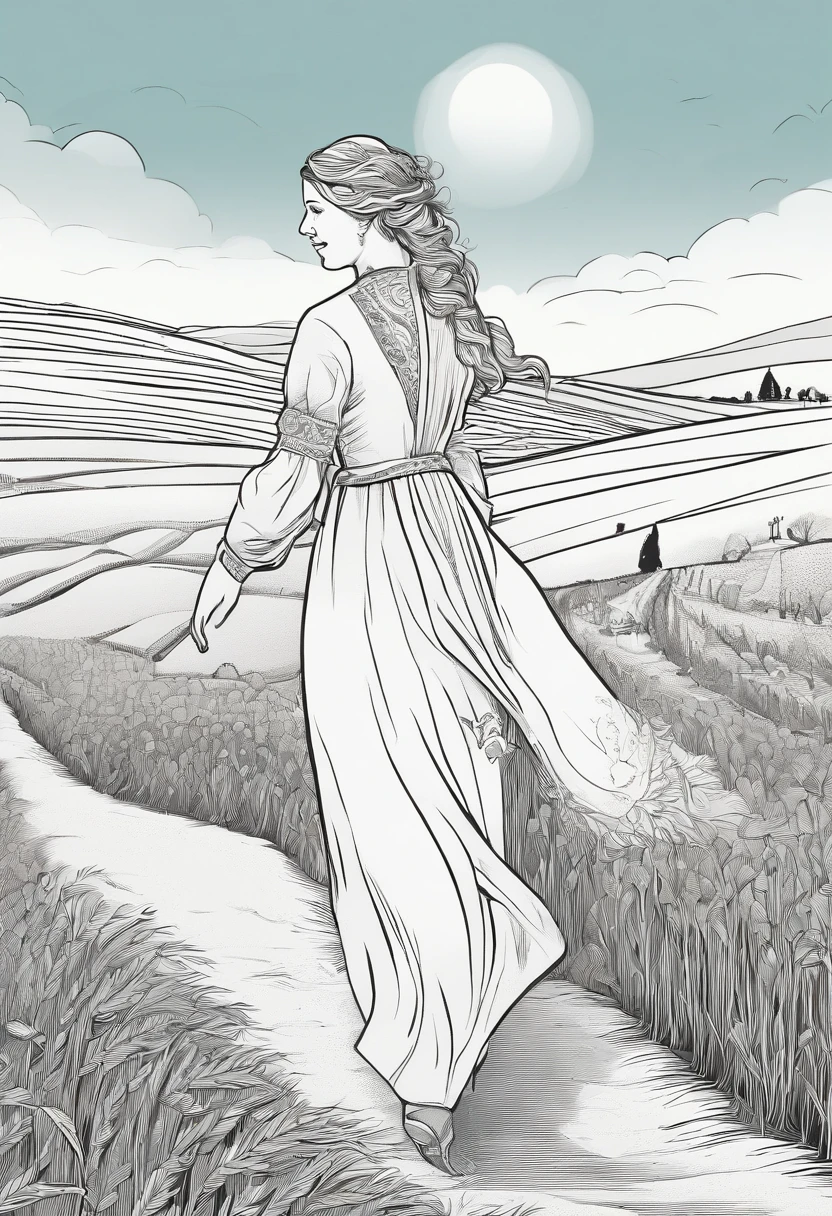 1 girl, Solo, Long orange hair, Running, (High wheat fields), Turning around, Emerald eyes, Long blue dress, Middle Ages, medieval clothing, Long-sleeved sunset, Light from behind, Shadows on characters, Smile, Laughter, (Blue sky), Against the background of wheat, Stand in the distance, looking at viewert, whole-length