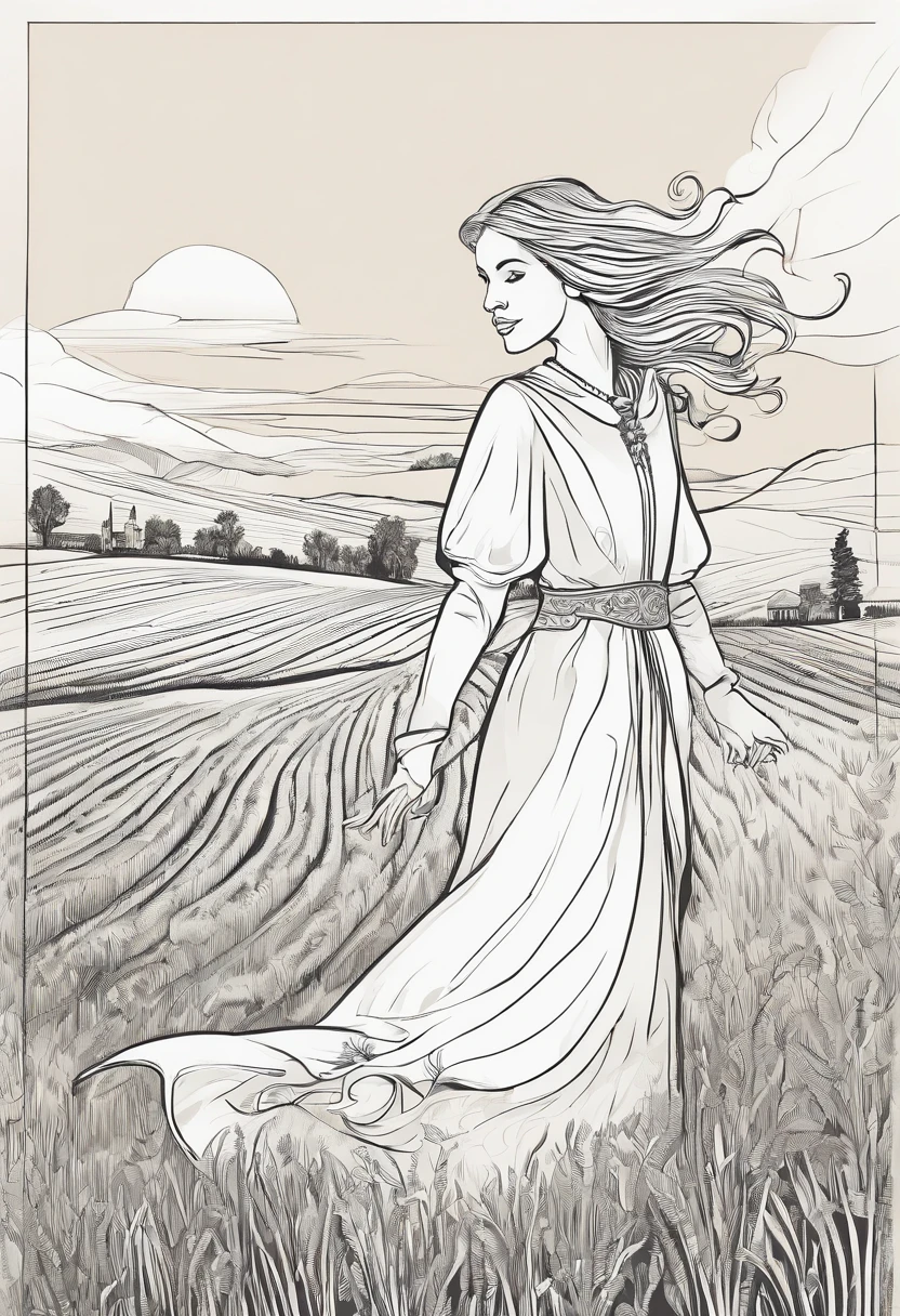 1 girl, Solo, Long orange hair, Running, (High wheat fields), Turning around, Emerald eyes, Long blue dress, Middle Ages, medieval clothing, Long-sleeved sunset, Light from behind, Shadows on characters, Smile, Laughter, (Blue sky), Against the background of wheat, Stand in the distance, looking at viewert, whole-length