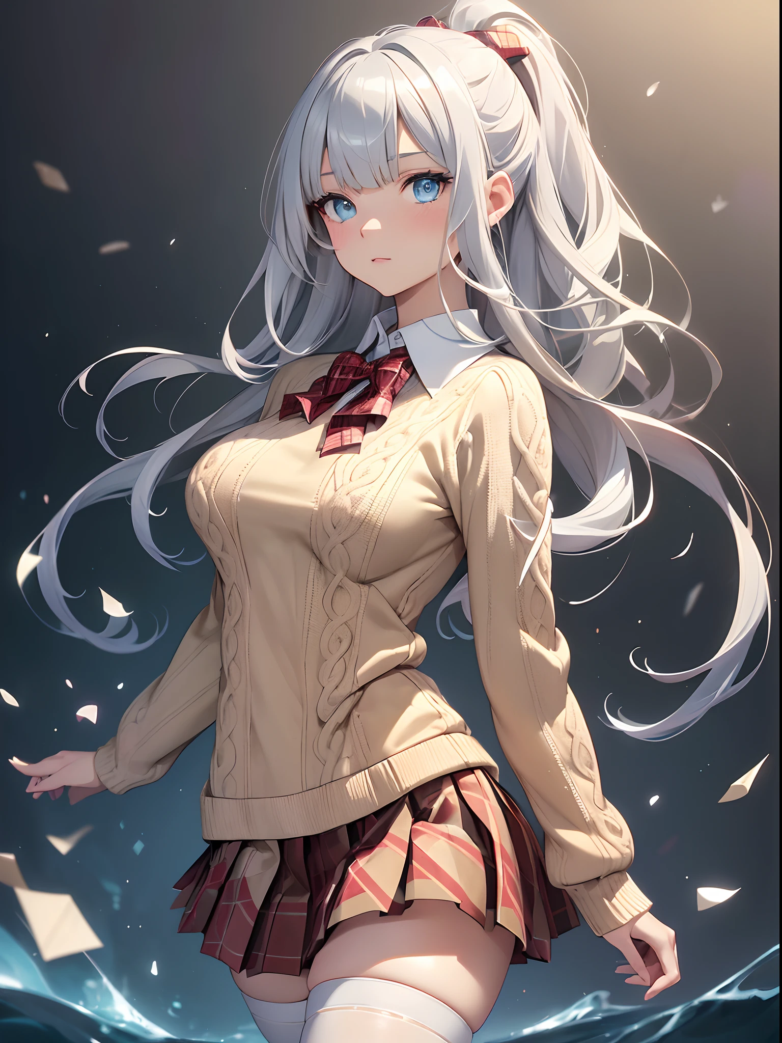 1girl, (side_view),(ar old,fect body,Bishojo),(((blue eyes))),(((realistic hair))),(((long hair:1.1))),ponytail,((shiny hair)),(((silver hair with white tips))),(blunt bangs),(large breasts,huge breasts,big breasts:1.0),(arms akimbo:1.3),bare hip,mature female,long legs,skinny, fore head, (haughty and arrogant look,blush ,smile:0.8), (((School Uniforms:1.2))), (((wear a beige knit-sweater over a white shirt:1.3))), (red bow:1.3), (((plaid pattern pleated skirt:1.3))),(((thigh highs))),bare legs, bokeh,skinny,looking at another, BREAK., dark green matte background, zentangle,(Intricate mathematical equations patterns in white or colored chalk, ornamental borders,Graphs and charts showcasing various mathematical functions and data representations are strategically placed,Precise geometric shapes like circles, triangles, and polygons are meticulously drawn and shaded with different chalk colors)(patchwork layout Iconic scientific formulas and symbols pattern Backgrounds.,:1.2),, absurdres, absolutely resolution, incredibly absurdres, highres, ultra detailed, official art, unity 8k wallpaper, detailed background