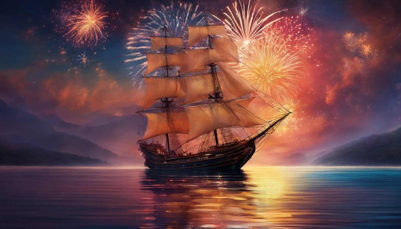 sailing ship, sea, moonlight, (firework), particle effects, Magical realism, Dynamic light and shadow