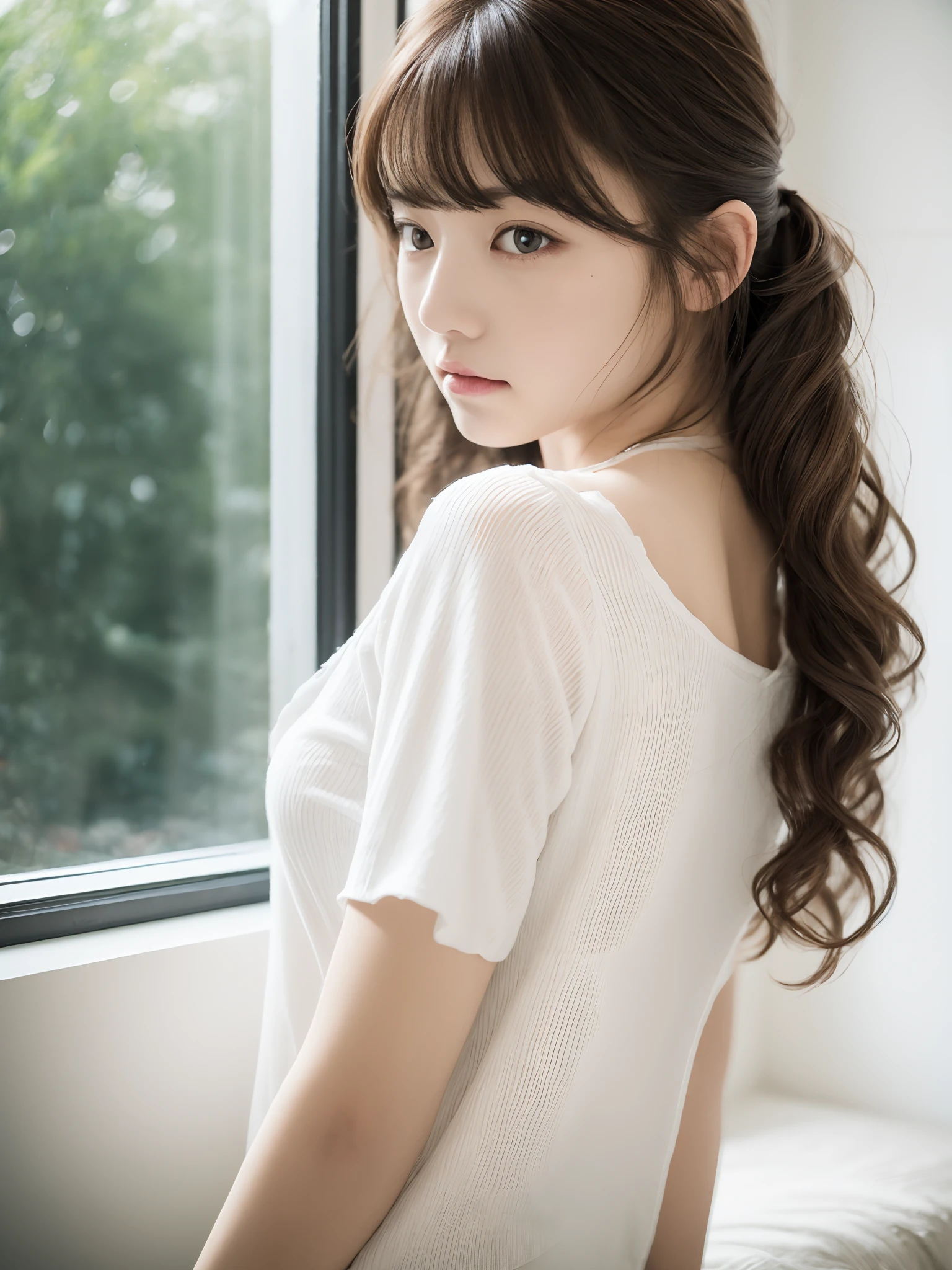 top-quality、masterpiece、hight resolution、1girl in、独奏、Raw photo、Real person、Detailed skin、japanes、brawn hair、thin bunches of bangs、Medium hair、curly hair、Floating hair、fullllbody,cropped shirt、White Room、by the window