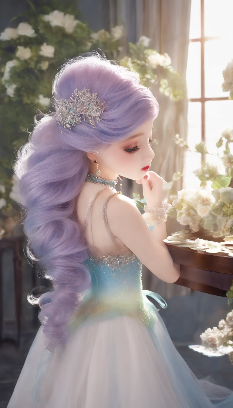 tmasterpiece,Highest image quality,Beautiful CG,Blue-violet tones,8K分辨率,(full body shot shot),Beautiful underwater world,Sparkling coral colonies,big bright eyes,((Cute pretty girl mermaid)),((Wear over sleeves,Crewneck top,Not exposed)),(Soft gradient tail,The length is appropriate,Beautiful and generous),((The fins are unfolded),(The fishtail curve is natural),(The fishtail is perfectly supple)),((Wear a crystal crown on your head)),(Beautiful shell hair accessories),(choker necklace),Elegant swimming,ssmile,short detailed hair。