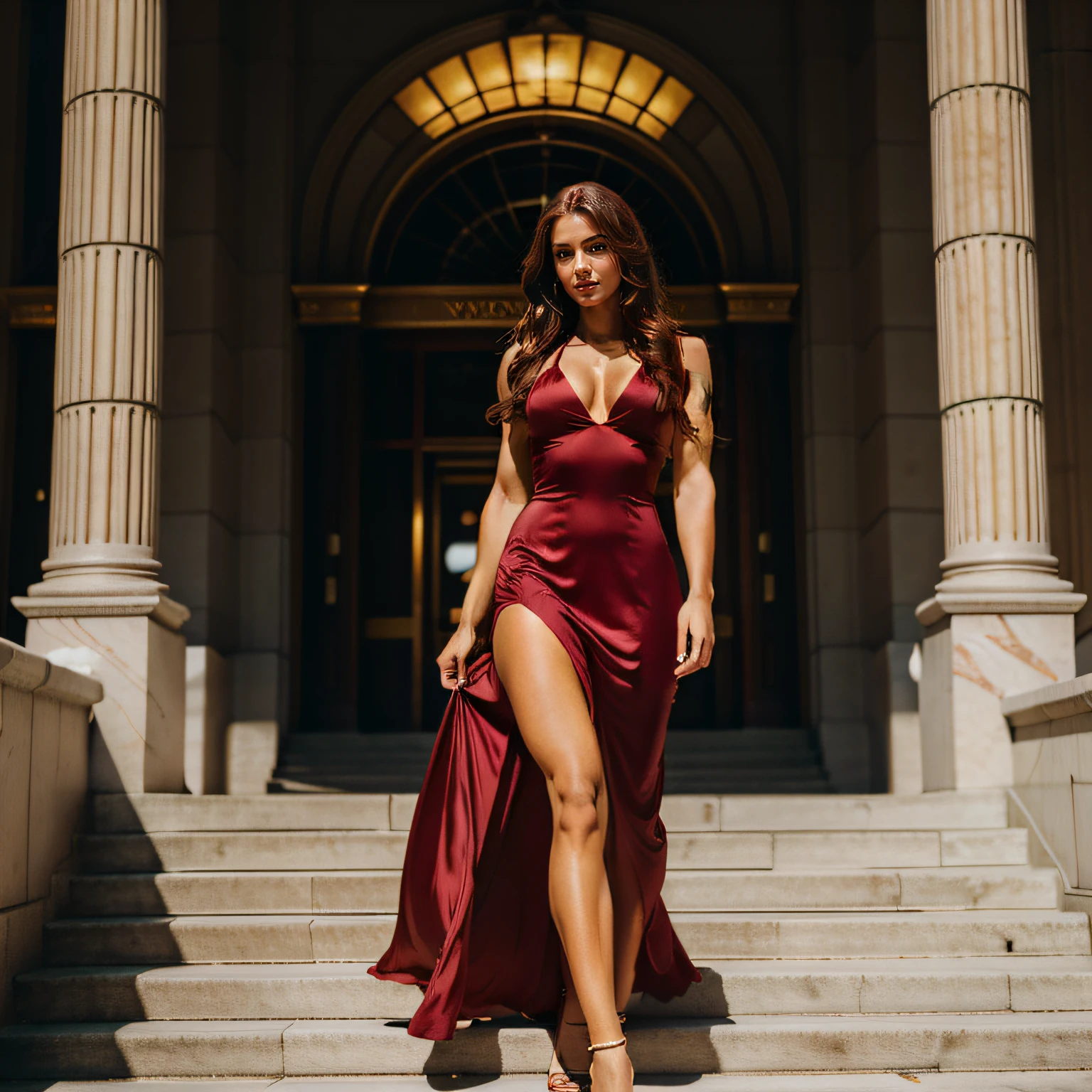 european girl, 25 years old, auburn hair, long wavy hair, red dress, looking at camera, walking down marble staircase,  in front of an opera house, toned body, fitness model, feminine, perfect female body, (an extremely beautiful), (masterpiece), (best quality:1.0), (ultra highres:1.0), realistic shadows, [highres], ultra-detailed, nikon d850, film stock photograph, 4 kodak portra 400 ,camera f1.6 lens, rich colors, hyper realistic, lifelike texture, cinestill 800, evening lights