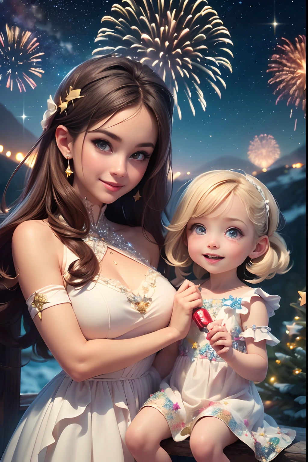 ((Best quality, A high resolution, Masterpiece:1.2)), (Romantic), (A mother and daughter:1),(Happy smile),Delicate facial features, Clear facial features, Optimized details,(Stargazing at the top of the mountain), (Spectacular sky fireworks display), (Colorful fireworks), (Giant fireworks), (Festive dresses),  (glittering stars:1.5), Romantic group photo, cinematic Film still from.