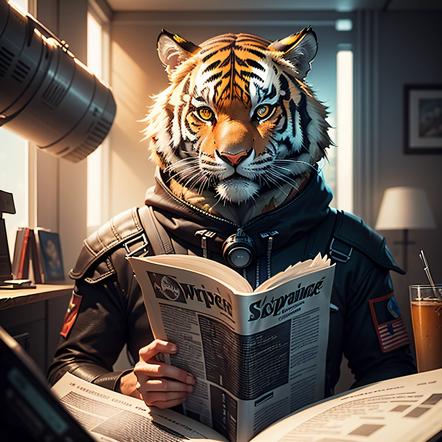 tigre em um traje esspace com um capacete em, personified tiger, sci-fi character epic art, Wojtek FUS, epic digital art illustration, sci-fi illustration, illustrative thought science fiction illustration, tiger reading newspaper