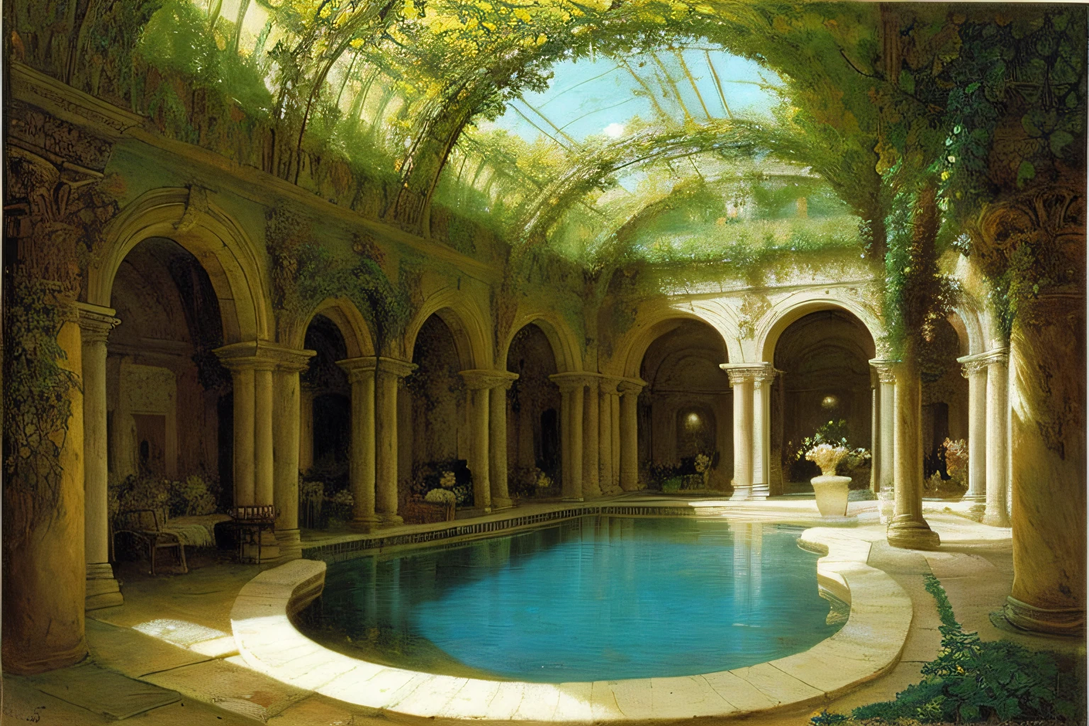 grotte, Eau, fleurs, ,porte avec vue sur l'univers, la plus oeuvre du monde, plantes grimpantes, style alma tadema