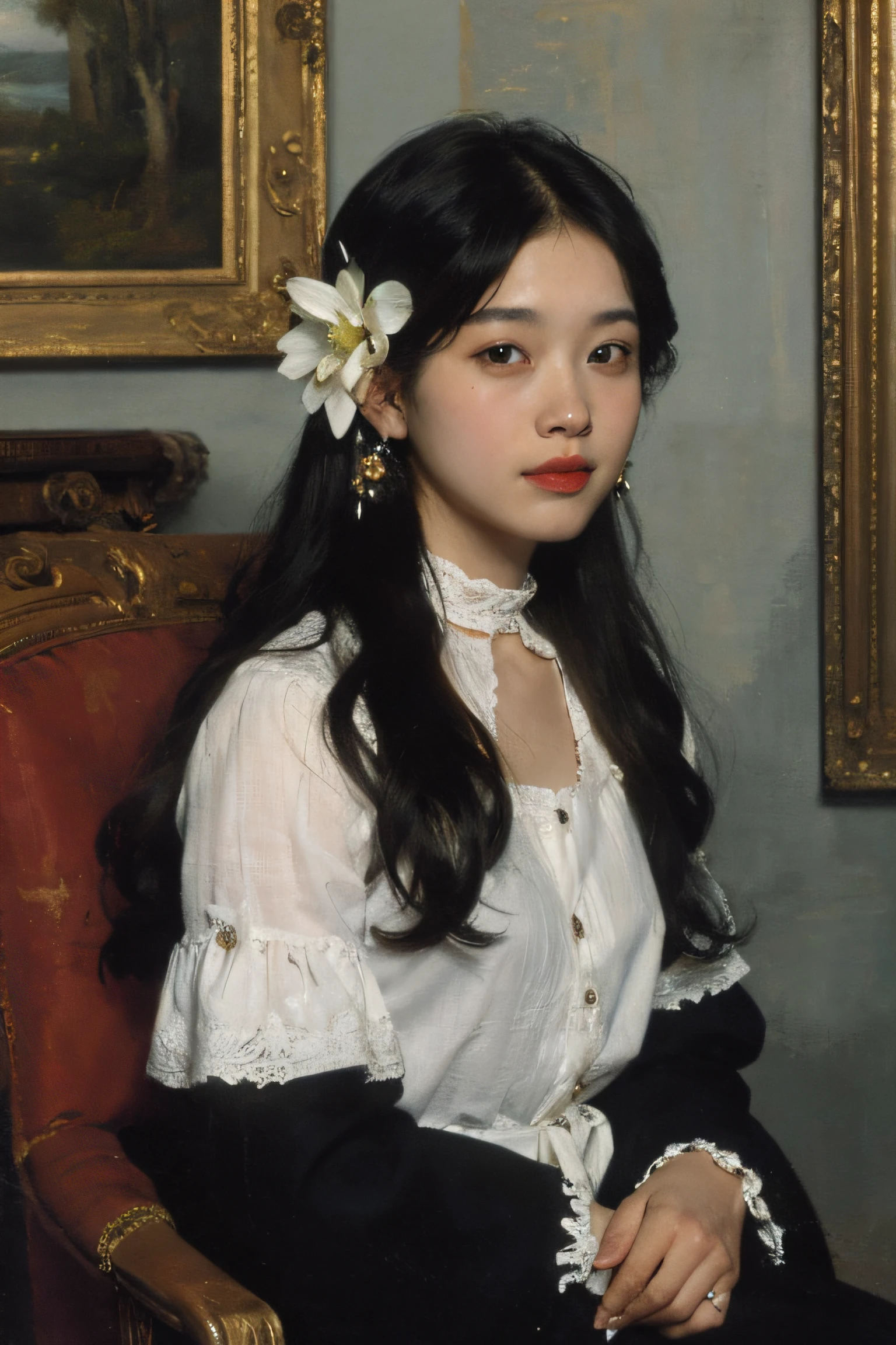 (oil painting: 1.5),
\\
Woman with long black hair and white flowers in her hair sitting in front of a European oil painting (Amy Saul: 0.248), (Stanley Atger Liu: 0.106), (a detailed painting: 0.353), (gothic art: 0.106)