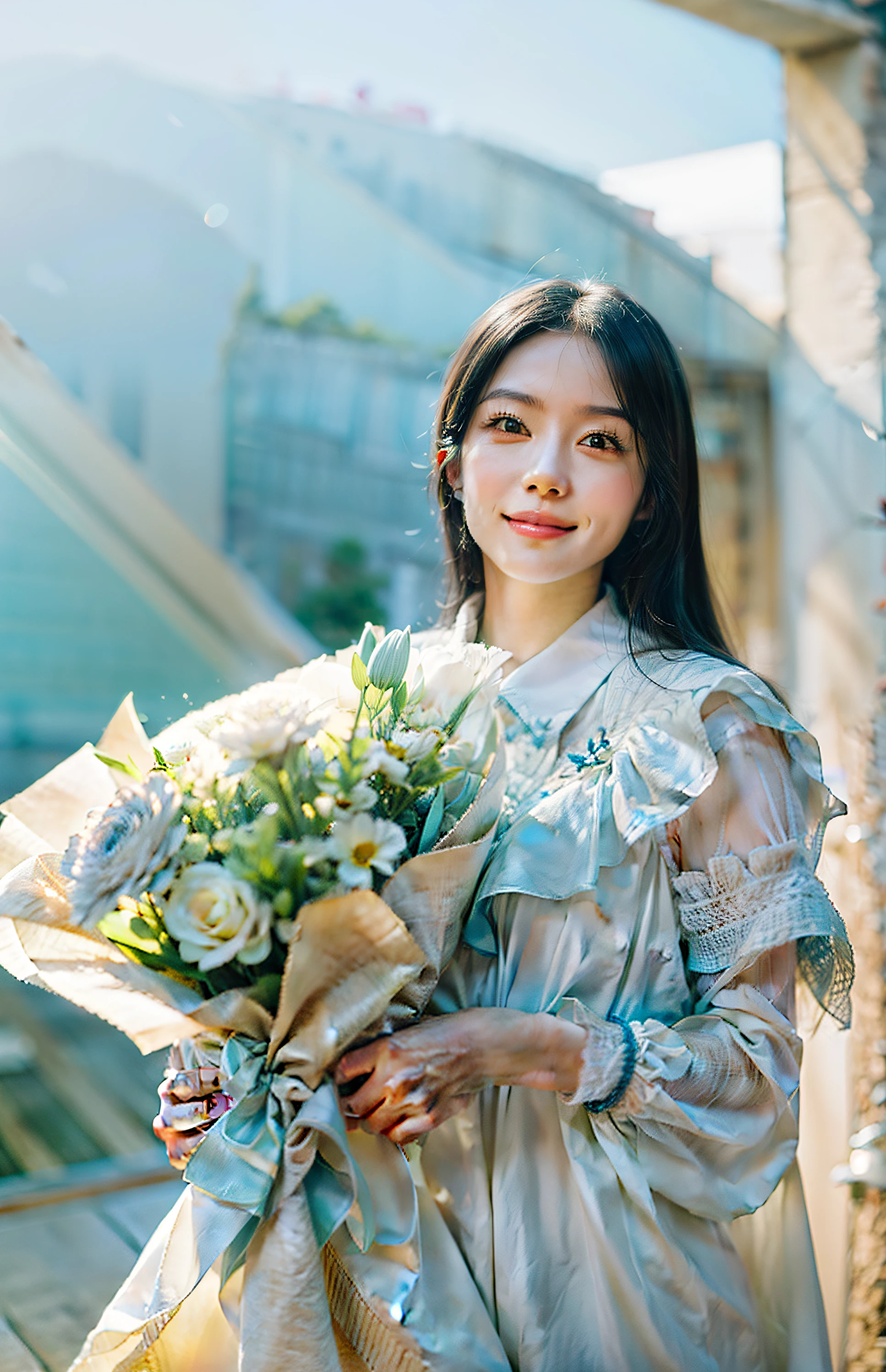 beuaty girl,Long black hair,Delicate face,light  smile,Holding a very beautiful bouquet of light blue flowers,solid color simple background,Soft lighting,rendering by octane,