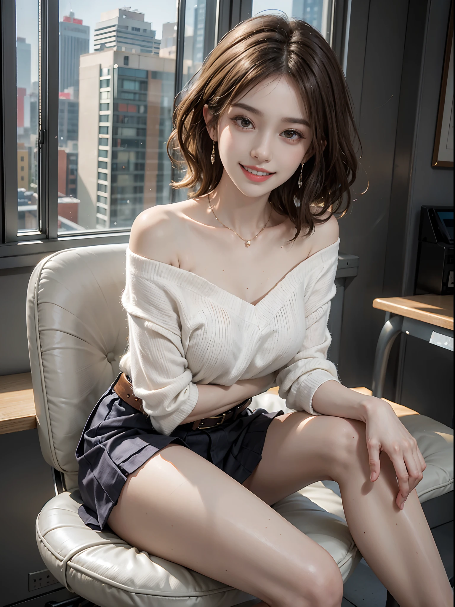 ((Best quality, 8k, Masterpiece: 1.3, raw photo)), Sharp focus: 1.2, (1 AESPA girl: 1.1), (realistic, photo-realistic:1.37), face focus, cute face, small breasts, flat chest, brunette short messy hair, sitting, white clothes, business skirt, office room, books, indoor lighting, cinematic lighting, from below