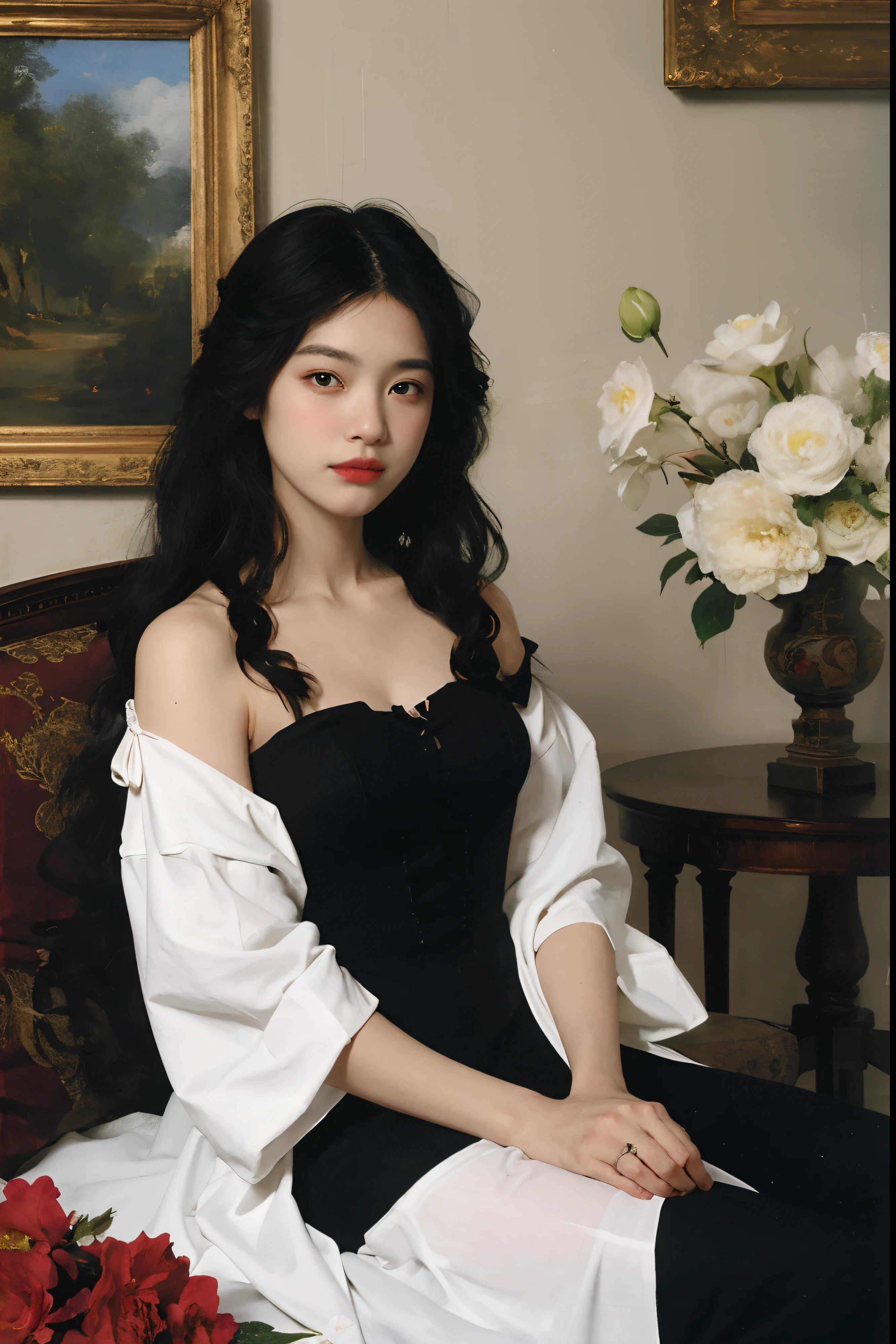 (Oil painting: 1.5),
\\
A woman with long black hair and white flowers in her hair sitting under a red peony flower, a white dress (Amy Saul: 0.248), (Stanley Ategg Liu: 0.106), (a detailed painting: 0.353), (Gothic art: 0.106)