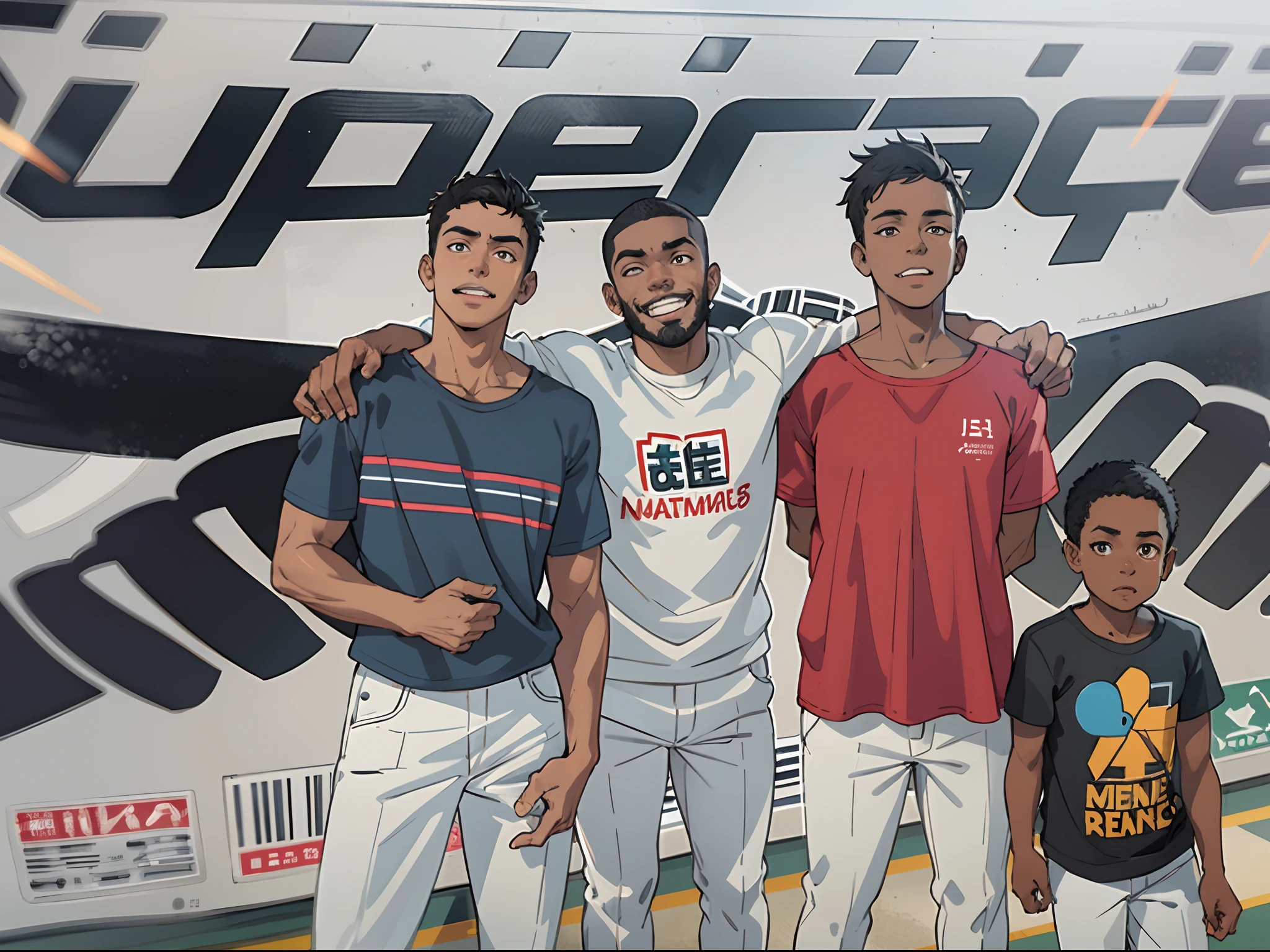 Obra prima melhor qualidade,3 homens(um branco e 2 negros)and a boy landing for the camera,arte profissional,hiper detalhado,Estilo anime