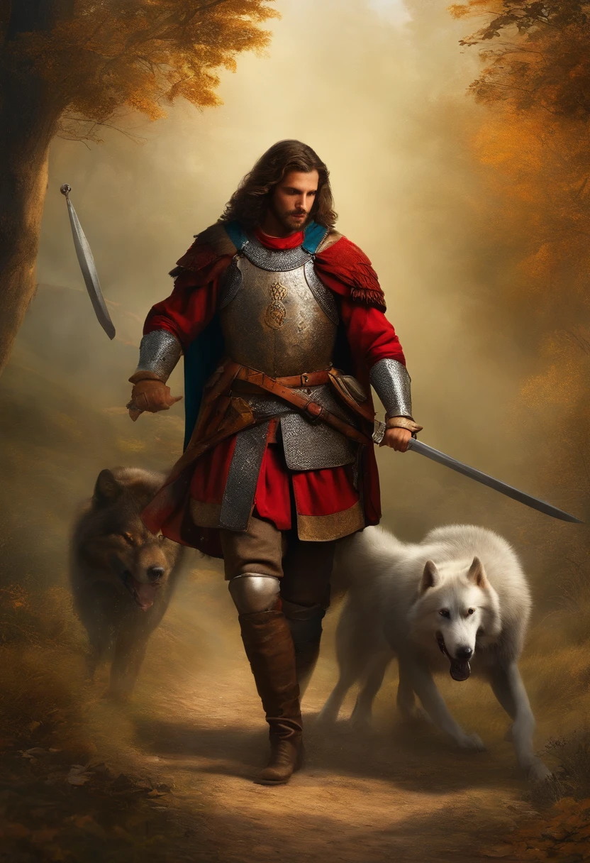 soldado guerreiro forte ferido medieval com um lobo