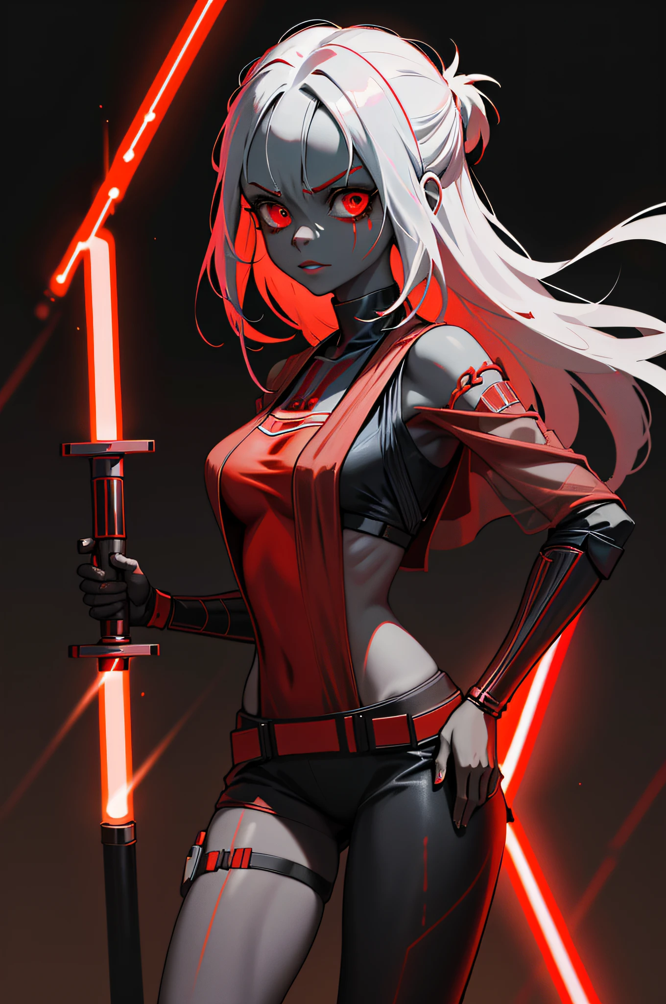 2d, muscluar, absurdres, 1girl, revealing clothes, black and red, see-through, ((sith jedi girl,)), colored skin, pale skin, ghoulish, holding red jedi light saber, sexy, erotic, beautiful,