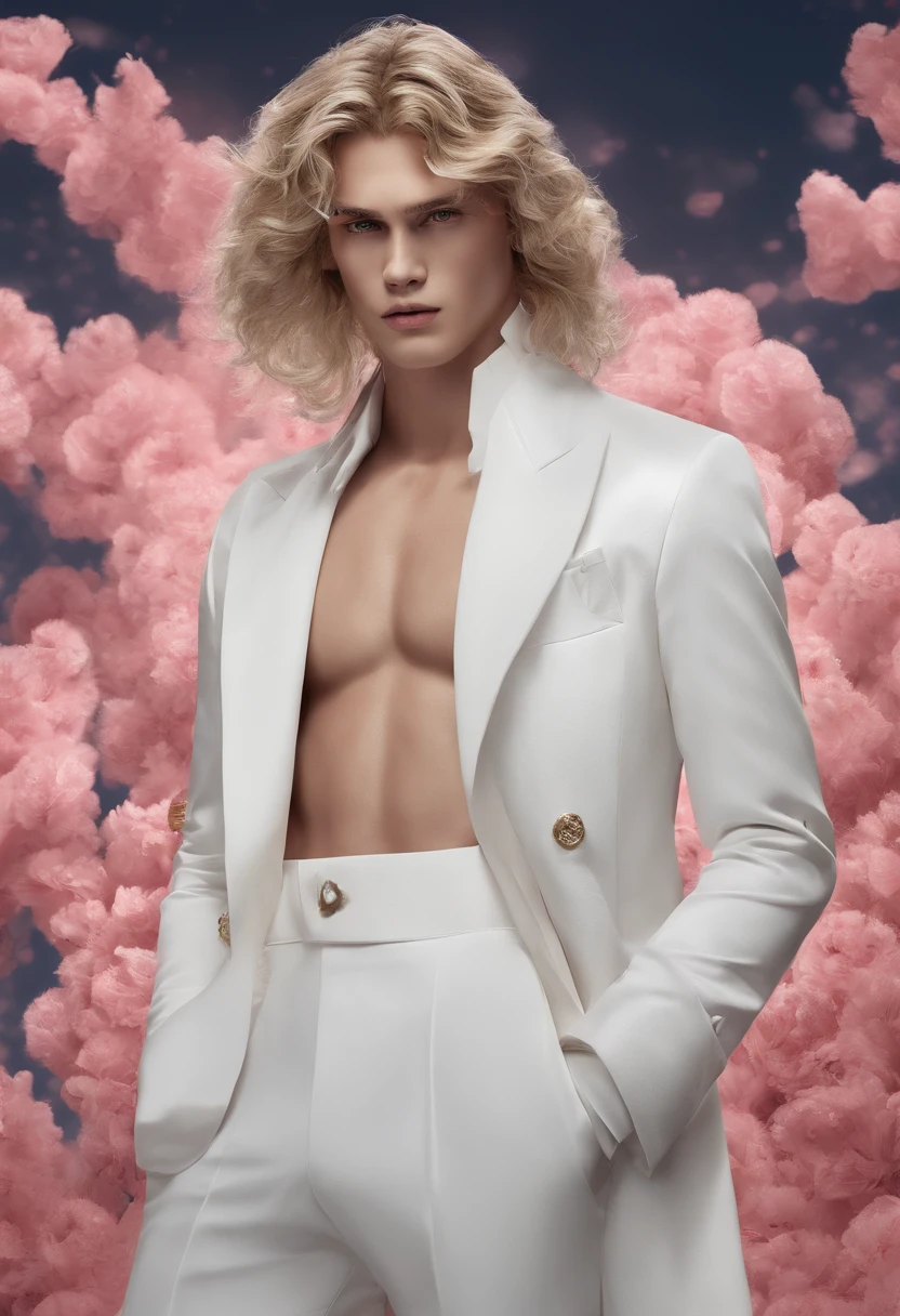 Masterpiece, Highest quality, (solofocus), (Perfect face:1.1), (High detail:1.1), (hyper detail eyes), Dramatic, 1人, (Pale skin), Long blonde hair, Ethereal eyes, (Light eyebrows), Solo, Long hair, Jordan Barrett, Moon, Night, white luxury suit, Covered nave, pouty lips, fur, proud expression, beach, Detailed background, Art germ, Cinematic lighting, rosette, Fashion, BalenciagaStyle
