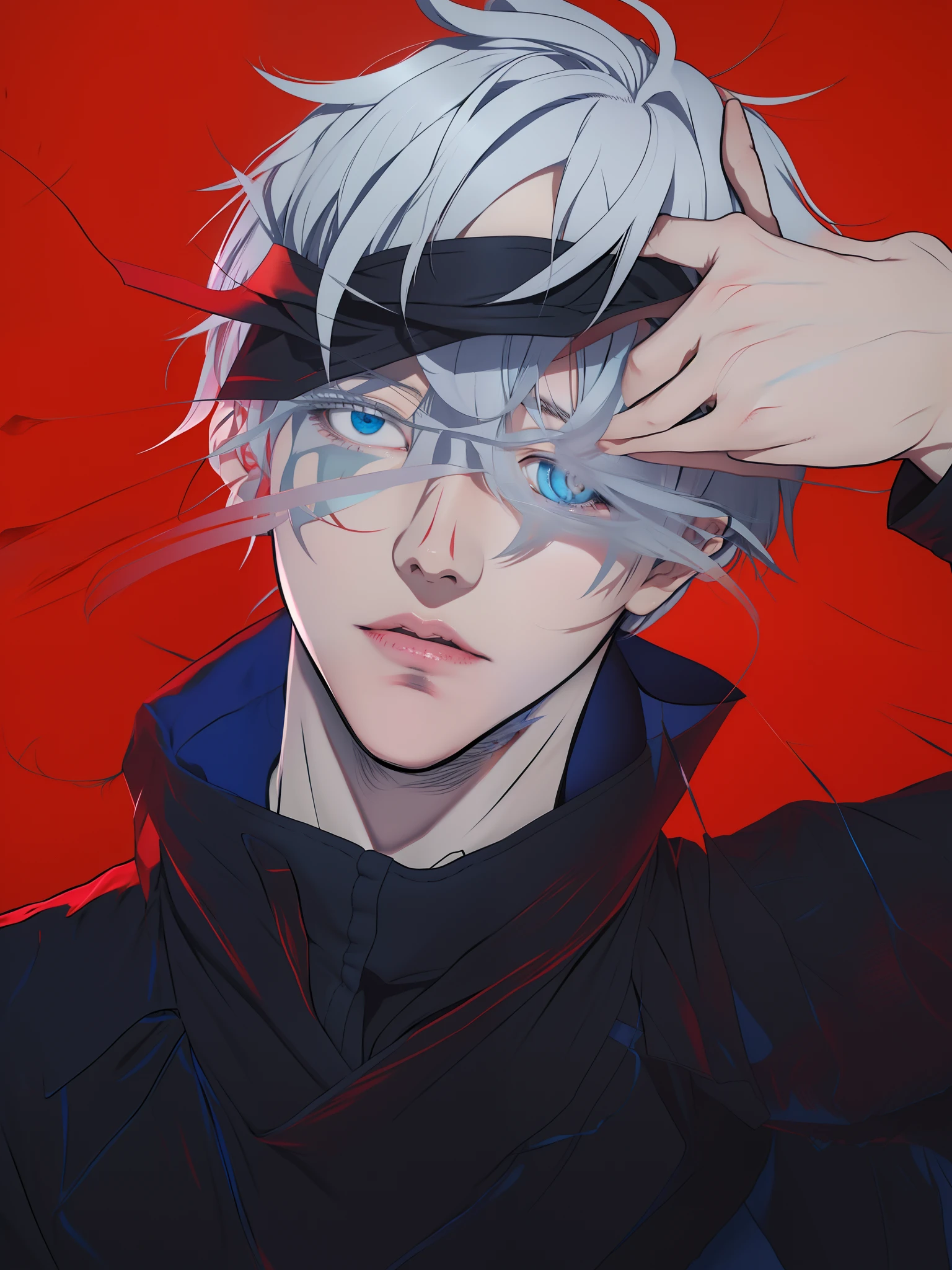 Anime man with white hair and blue eyes, tall anime guy with blue eyes,, 2 d anime style, spear, he has dark grey hairs, zerochan art, white haired, zerochan, Male live-action anime style, male anime character，Anime realistic style