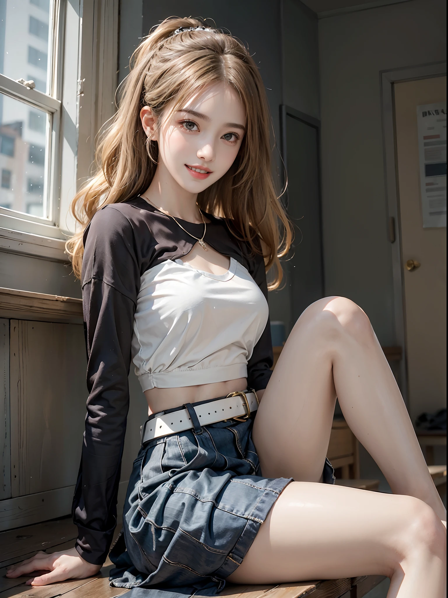 ((full body)), ((Random shooting angle)), ((realistic)), 1girll, posed for photo, inside in room, desks, Sit Pose, Pleasing posture, pretty legs, looking at viewert, Detailed scenes, curlies, Air bangs, Beautiful hair accessories, Brownish-yellow hair, light make-up, Blushlush, Gloss on lips, ((black cloaths, Short white high-waisted skirt, Nice belt)), (Campus style), warm lights, a warm color palette, Detailed details, ultra-detailliert, (tmasterpiece, best qualtiy), (An extremely delicate and beautiful work), Delicate earrings, Delicate necklace, Simple blurred background, Extreme detail description, Ultra-fine painting, Delicate face, slim toned body, Slimming the waist, (grin, happy grin, Baring teeth), (anatomy correct)