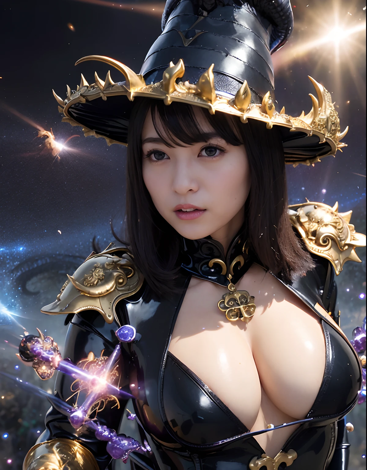 ((World of Darkness)),Professional , masterpiece、top-quality、photos realistic , depth of fields 、(((With a magic wand of gems))),(Dragon Black Metal Body:1.9),(latex black-blue、(cleavage of the breast)(Fight dragons)、、(((Particles of light))),(Micro Bikini Armor:1.7),Gorgeous gold weapons ,(Fight dragons)、Seductive look、(blood splattere、((((With a magic wand))), ) , (((Wearing a black latex wizard hat))),(demonic wings) ,((a blond))、(Castle background)、((Gangle's forest background))、Beautiful Caucasian beauty、1a person、dynamic ungle,(((Detailed and ornate dragon wizard hat)))、Smaller head、A smile、Castle background、Thin and beautiful female hands、cleavage of the breast、Soldier in iron armor on background、Mystical expression、Light Effects、intense fighting、Wind-effect、magic circles、With the legendary magic wand、Dragon's tail、explosions、Toostock、Toostock、