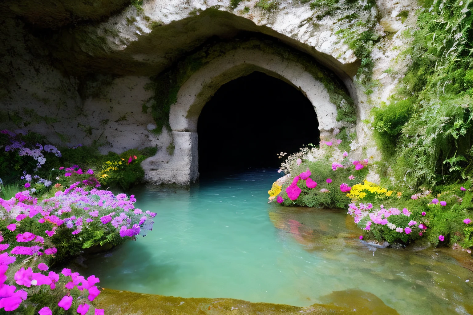 grotte, Eau, fleurs, ,porte, la plus oeuvre du monde, plantes grimpantes,