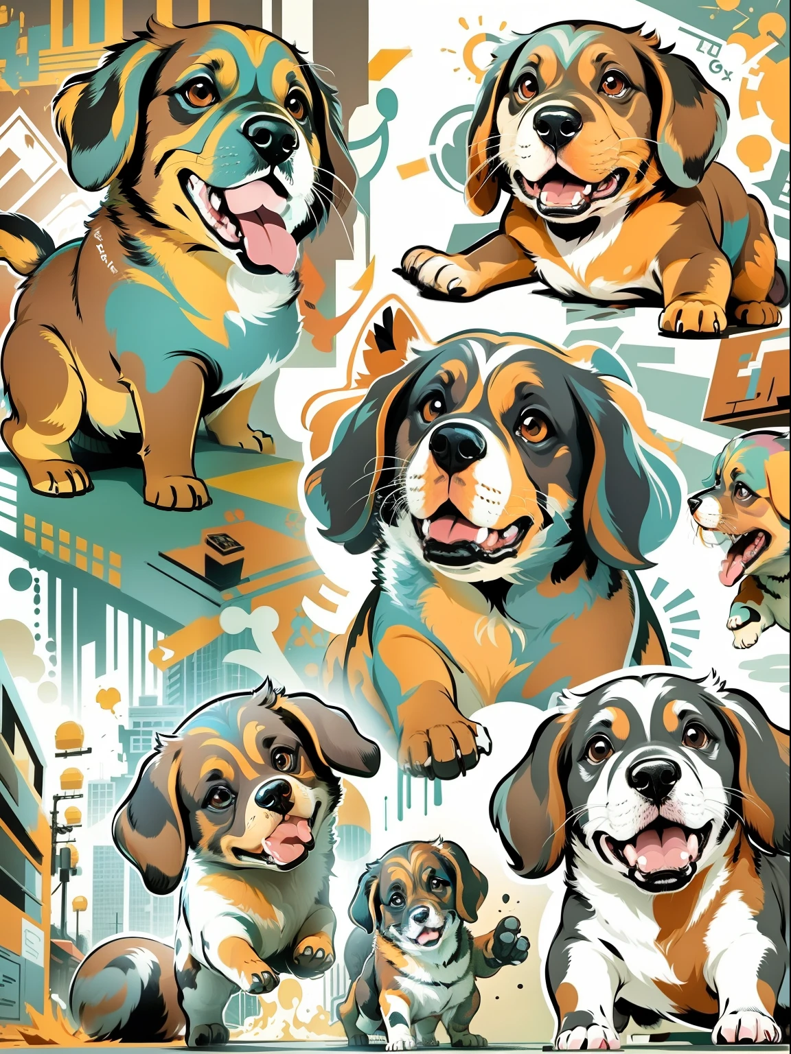 vector, Printable colorful graffiti, Puppy illustration, action SHOT, high detailing, white backgrounid