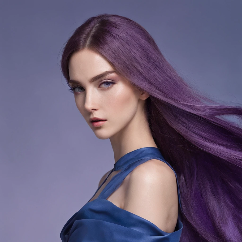 essie is known for her long purple hair, that curve back into a sleek, exaggerated hairstyle. She has large eyes with blue-green irises., and his expression reflects arrogance and determination. With clear and smooth skin, She has a slim and tall figure, with a confident posture that matches her slim, athletic figure.
