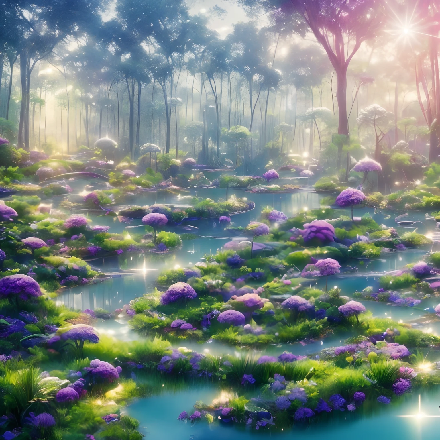 A magic house in a jungle of a fairytale with magical scene, little river with reflection water, glowing plants and flowers, trees, 8k, printable --auto