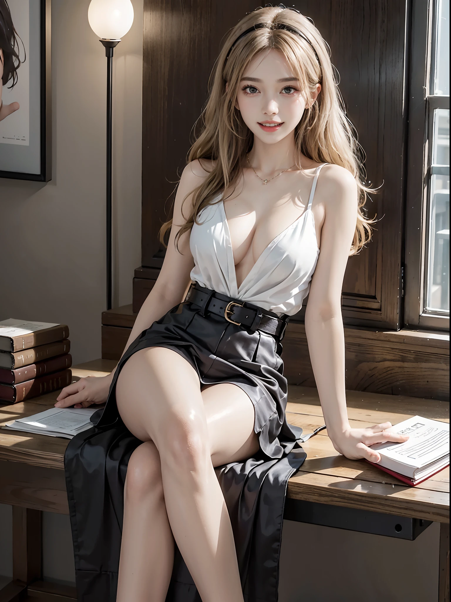 ((full body)), ((Random shooting angle)), ((realistic)), 1girll, posed for photo, inside in room, desks, Sit Pose, Pleasing posture, pretty legs, looking at viewert, Detailed scenes, curlies, Air bangs, Beautiful hair accessories, Brownish-yellow hair, light make-up, Blushlush, Gloss on lips, ((black cloaths, Short white high-waisted skirt, Nice belt)), (Campus style), warm lights, a warm color palette, Detailed details, ultra-detailliert, (tmasterpiece, best qualtiy), (An extremely delicate and beautiful work), Delicate earrings, Delicate necklace, Simple blurred background, Extreme detail description, Ultra-fine painting, Delicate face, slim toned body, Slimming the waist, (grin, happy grin, Baring teeth), (anatomy correct)