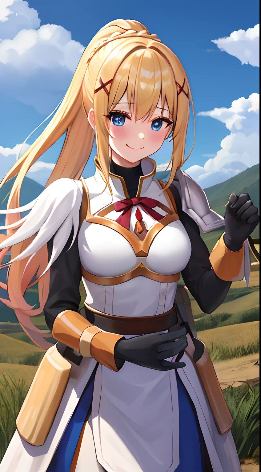 top-quality、Hi-Res、1girl in、length hair、blonde  hair、X Hair Ornament、s Armor、blue eyess、poneyTail、hair adornments、gloves、armor on the shoulders、Braids、Black Gloves、pauldron、white  boots、The Darkness\(Konosuba\)、cowboy  shot、borgar、plein air、(agitation:1.2)、red blush,a smile