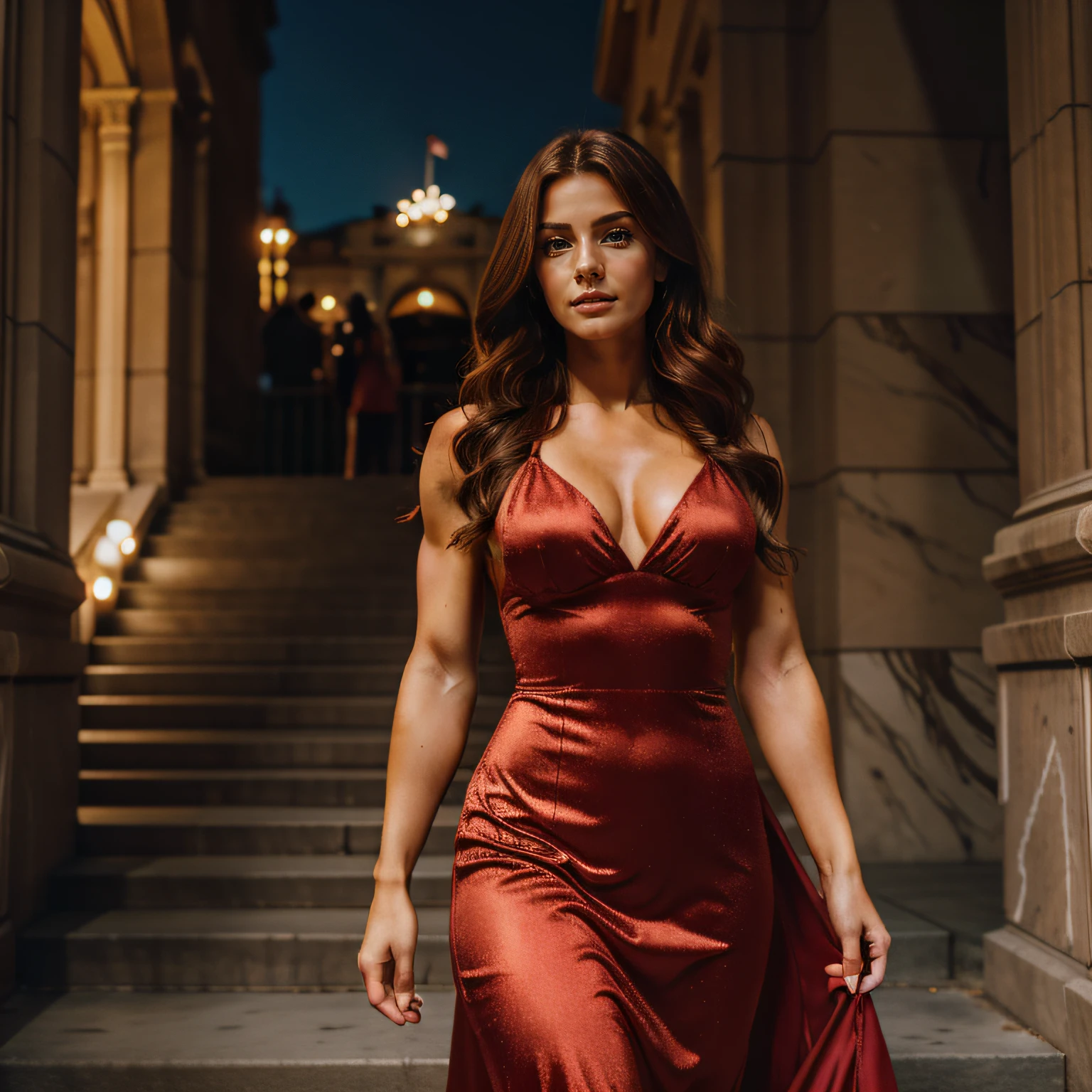 european girl, 25 years old, auburn hair, long wavy hair, crimson dress, looking at camera, walking down marble staircase,  in front of an opera house, toned body, fitness model, feminine, perfect female body, (an extremely beautiful), (masterpiece), (best quality:1.0), (ultra highres:1.0), realistic shadows, [highres], ultra-detailed, nikon d850, film stock photograph, 4 kodak portra 400 ,camera f1.6 lens, rich colors, hyper realistic, lifelike texture, cinestill 800, evening lights