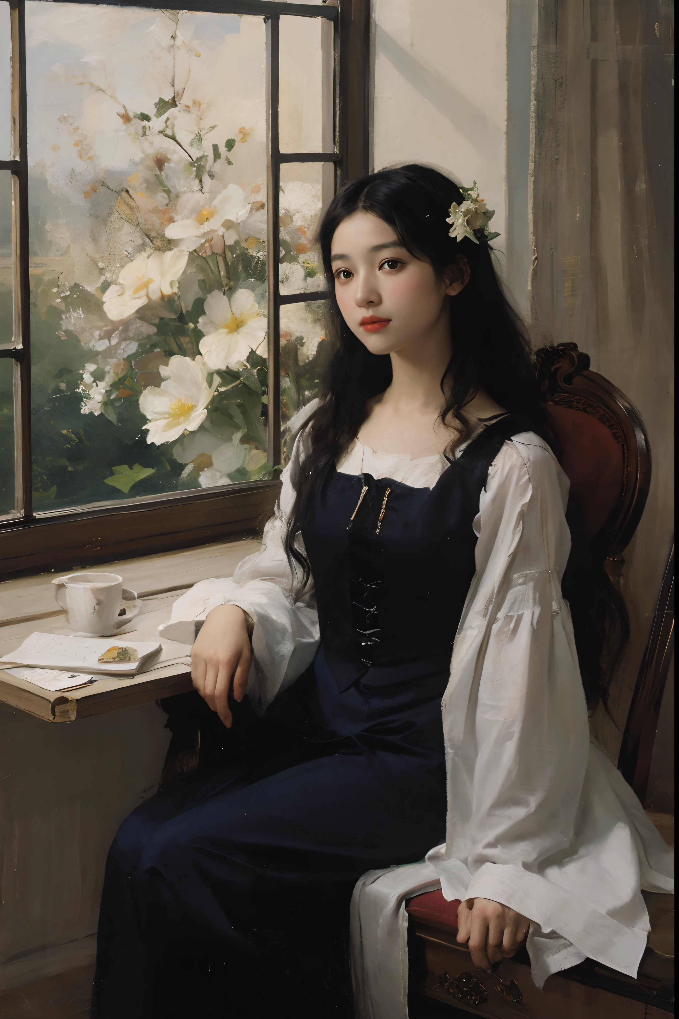 (Oil painting: 1.5),
\\
A woman with long black hair and white flowers in her hair sits by the window, (Amy Saul: 0.248), (Stanley Arteg Liu: 0.106), (a detailed painting: 0.353), (Gothic art: 0.106)