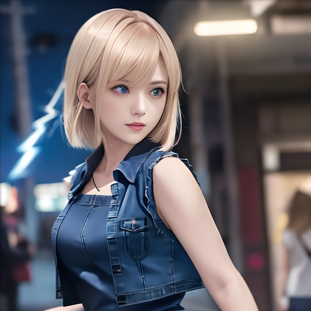 Screenshots of PlayStation 5, 1. Super Detail Woman、Android 18、独奏、blonde hair、((Blue eyes))、short-hair、耳Nipple Ring、jewely、Denim Vest、open vest、Black pantyhose、White shirt、Denim skirt、 Short sleeves with black stripes,,,,,, a blue skirt, middlebreasts, Cowboy Shots, Street,(((Woman in blue clothes holding lightning)))、spot light、 Dynamic 8K、Ulutra HD、Sharp lines、top-quality、hight resolution、