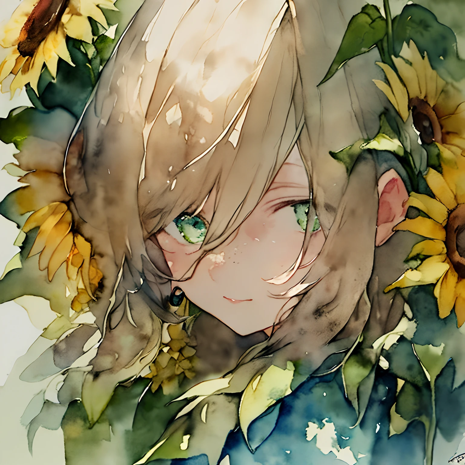 (watercolor:1.2),1girl, solo, flower, sunflower,freckles, portrait, leaf, bangs, signature, yellow flower, brown hair, long hair, green eyes, hair between eyes, flower earrings