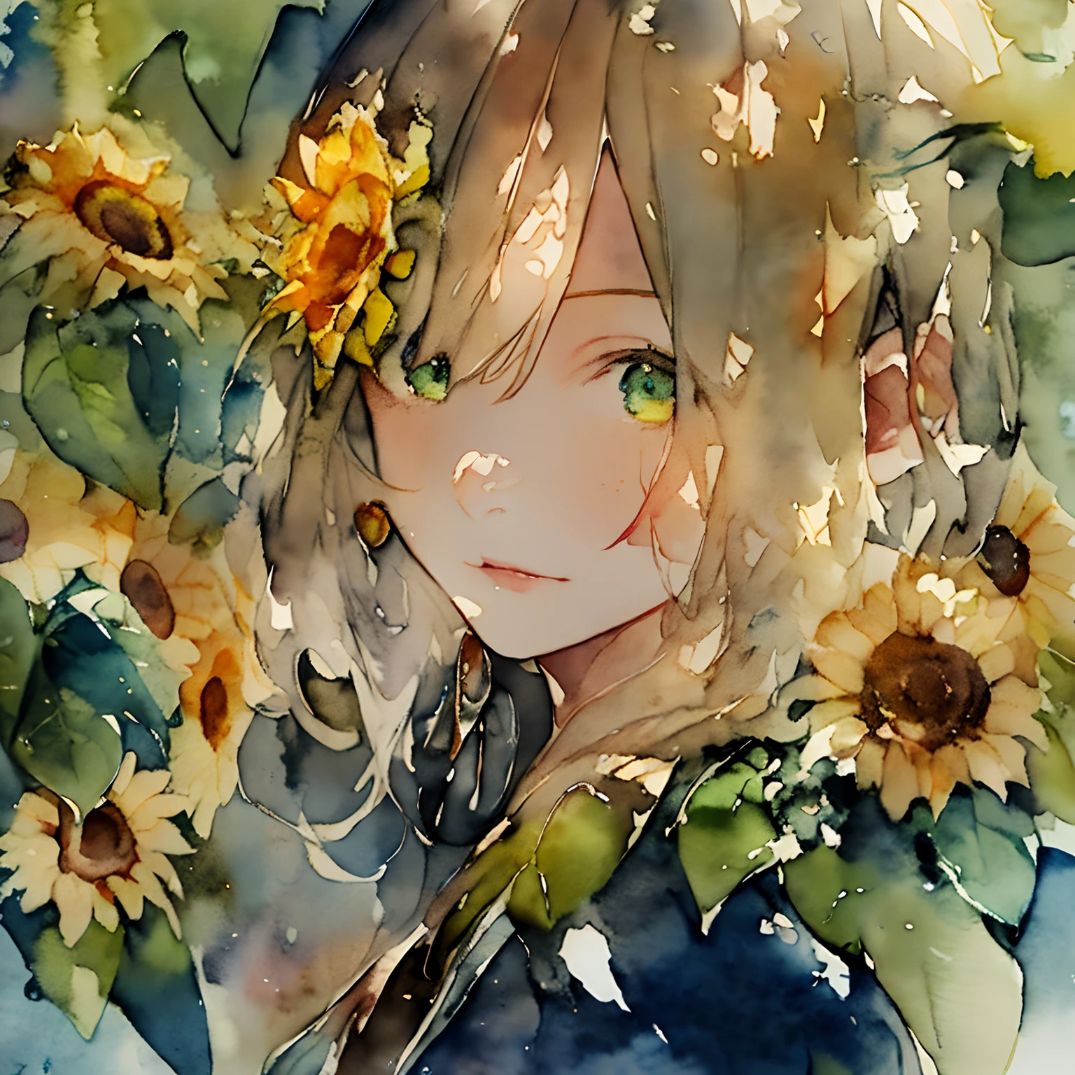 (watercolor:1.2),1girl, solo, flower, sunflower,freckles, portrait, leaf, bangs, signature, yellow flower, brown hair, long hair, green eyes, hair between eyes, flower earrings