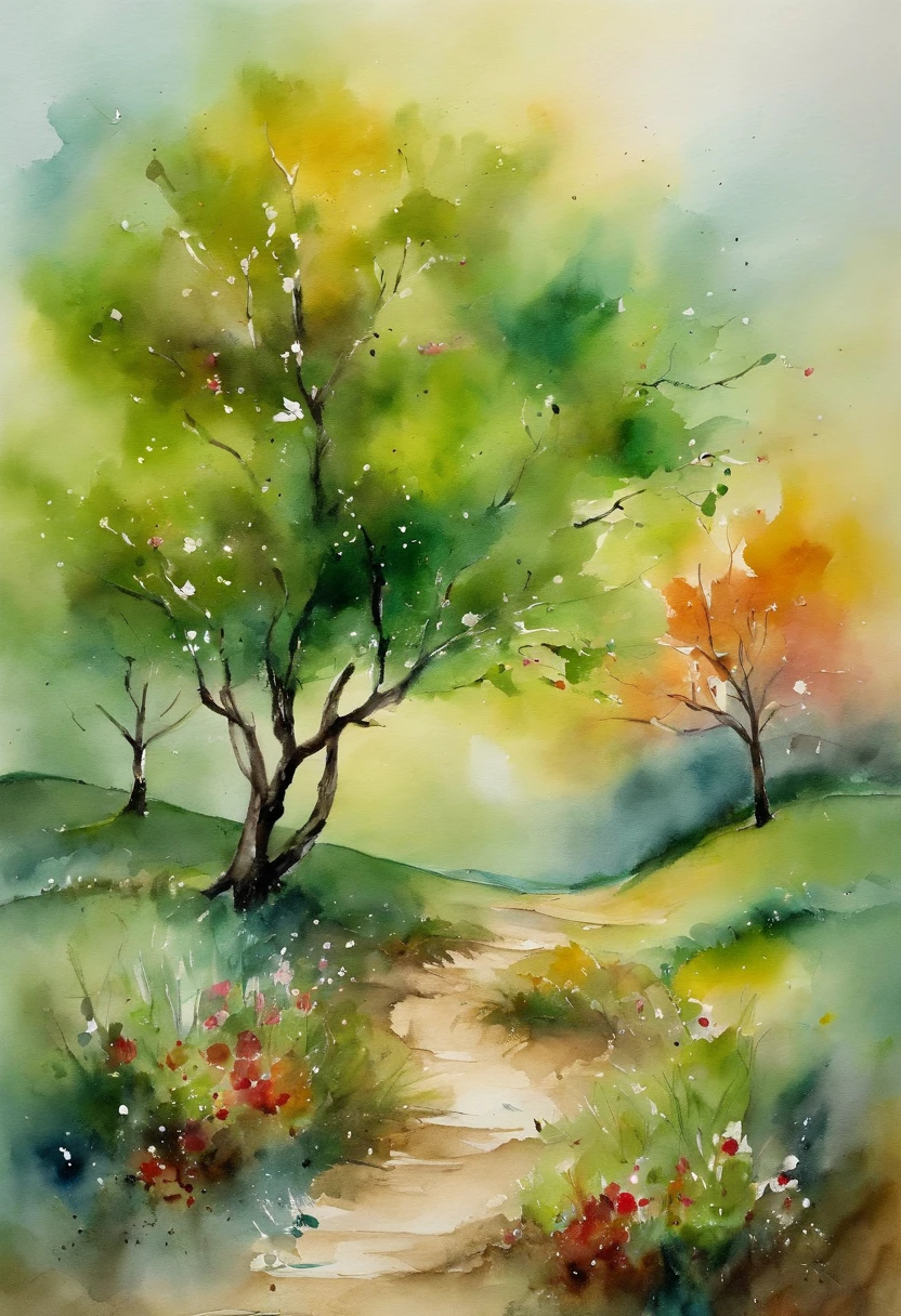 Aquarela, The Blossoming Tree landscape Artistic Style: Abstract Expressionism Method: Finger Painting Inspired by:oil painting, Marc Chagall Description: A single blossoming tree in the middle of a serene landscape, primarily in shades of green and pink. --ar 16:9 50 --v 5.2 --s 2