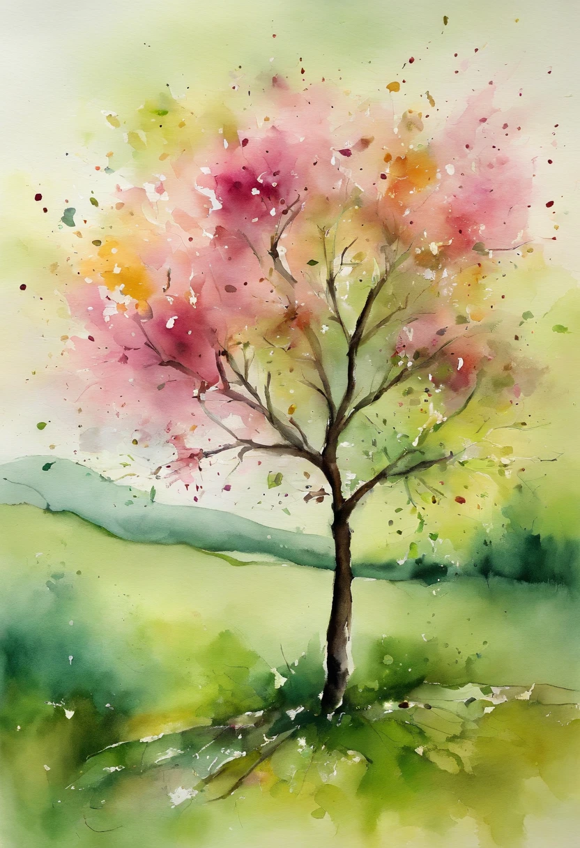 Aquarela, The Blossoming Tree landscape Artistic Style: Abstract Expressionism Method: Finger Painting Inspired by:oil painting, Marc Chagall Description: A single blossoming tree in the middle of a serene landscape, primarily in shades of green and pink. --ar 16:9 50 --v 5.2 --s 2