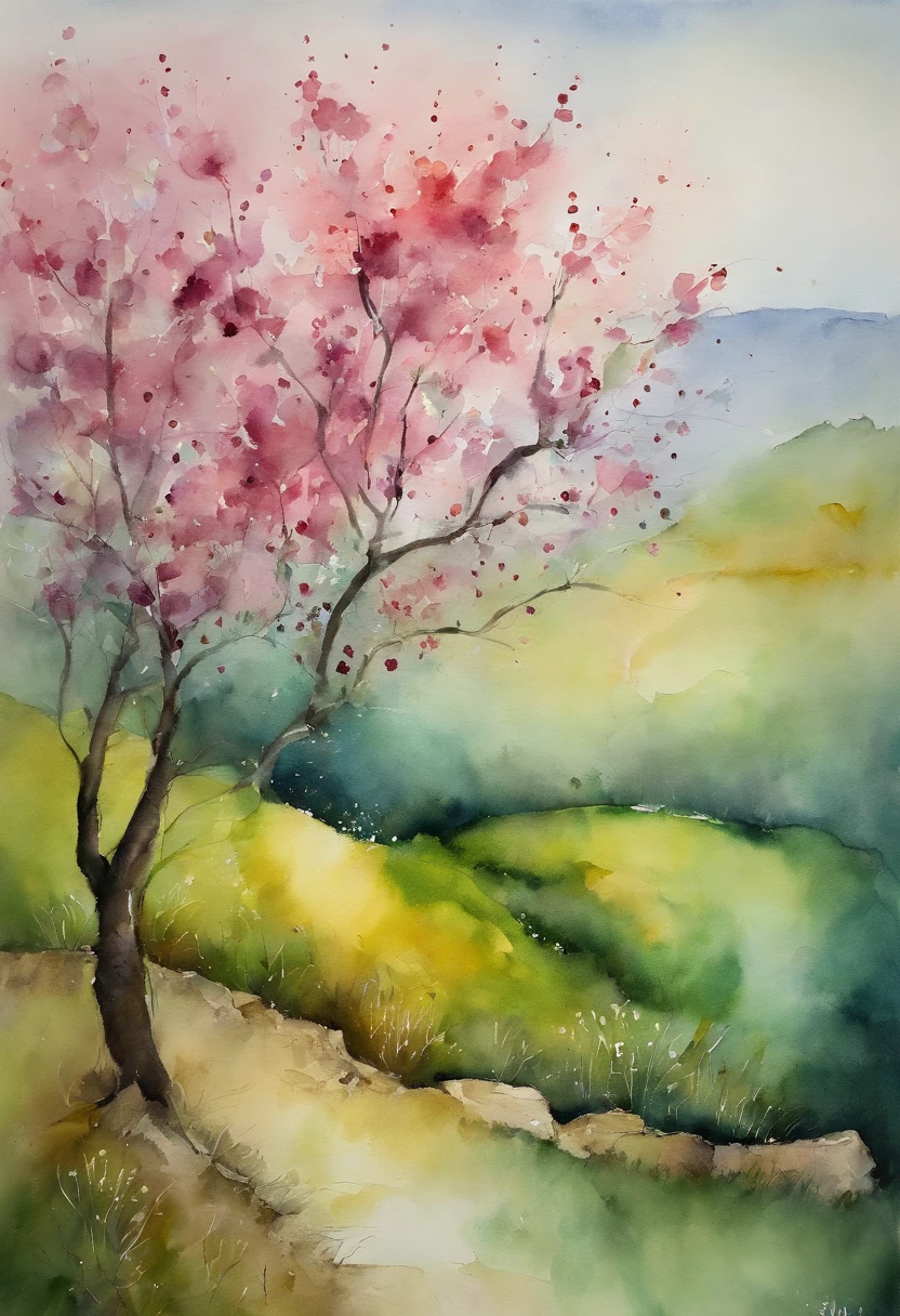 Aquarela, The Blossoming Tree landscape Artistic Style: Abstract Expressionism Method: Finger Painting Inspired by:oil painting, Marc Chagall Description: A single blossoming tree in the middle of a serene landscape, primarily in shades of green and pink. --ar 16:9 50 --v 5.2 --s 2