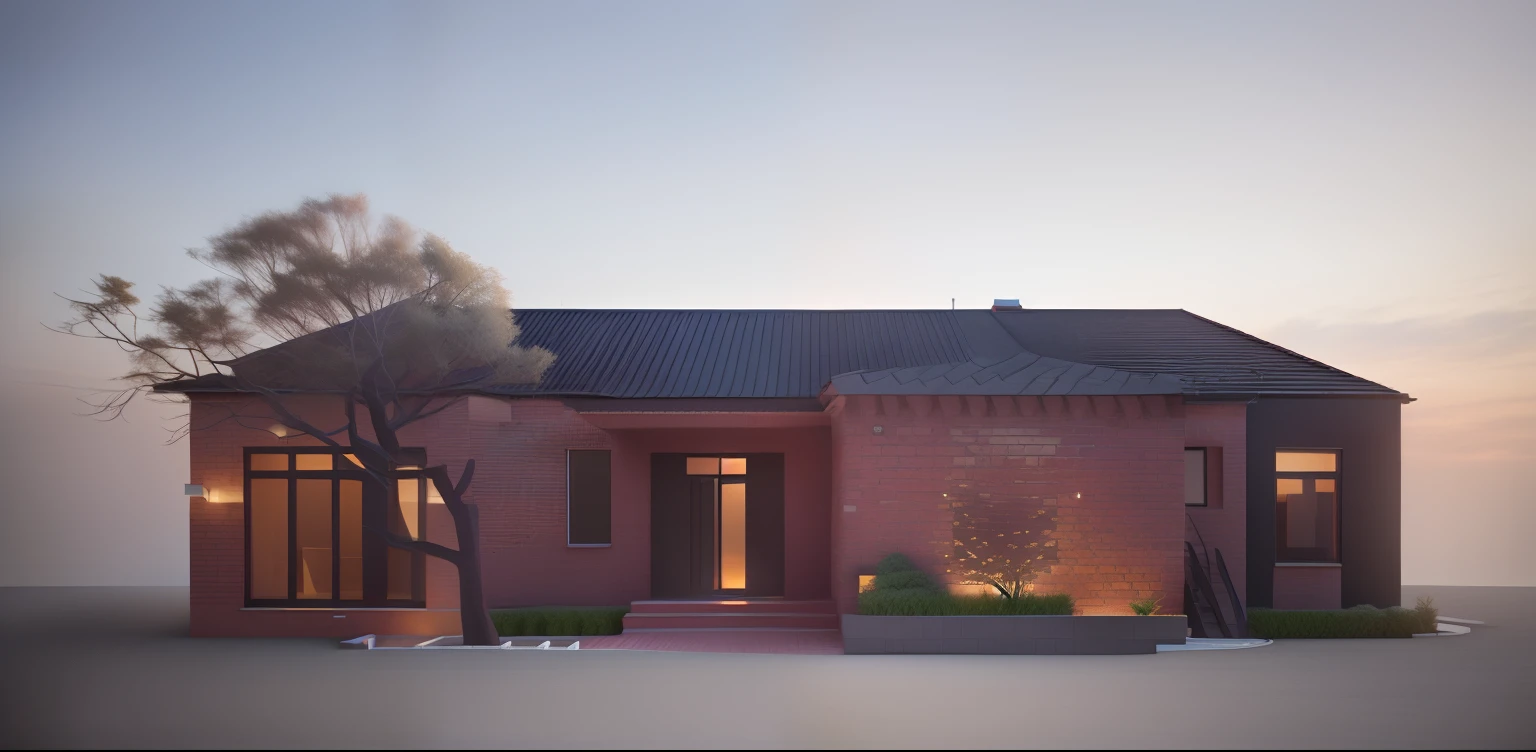Villa, a rendering of a small brick house with a tree in front of it, 3/4 view, 3 / 4 view, 3 d rendering, 3d rendering, architectural render, digital rendering, detailed rendering, rendered 3d model, conceptual rendering, exterior design, architectural rendering, architectural 3 d render, front elevation view, architectural visualisation, 3 - d render