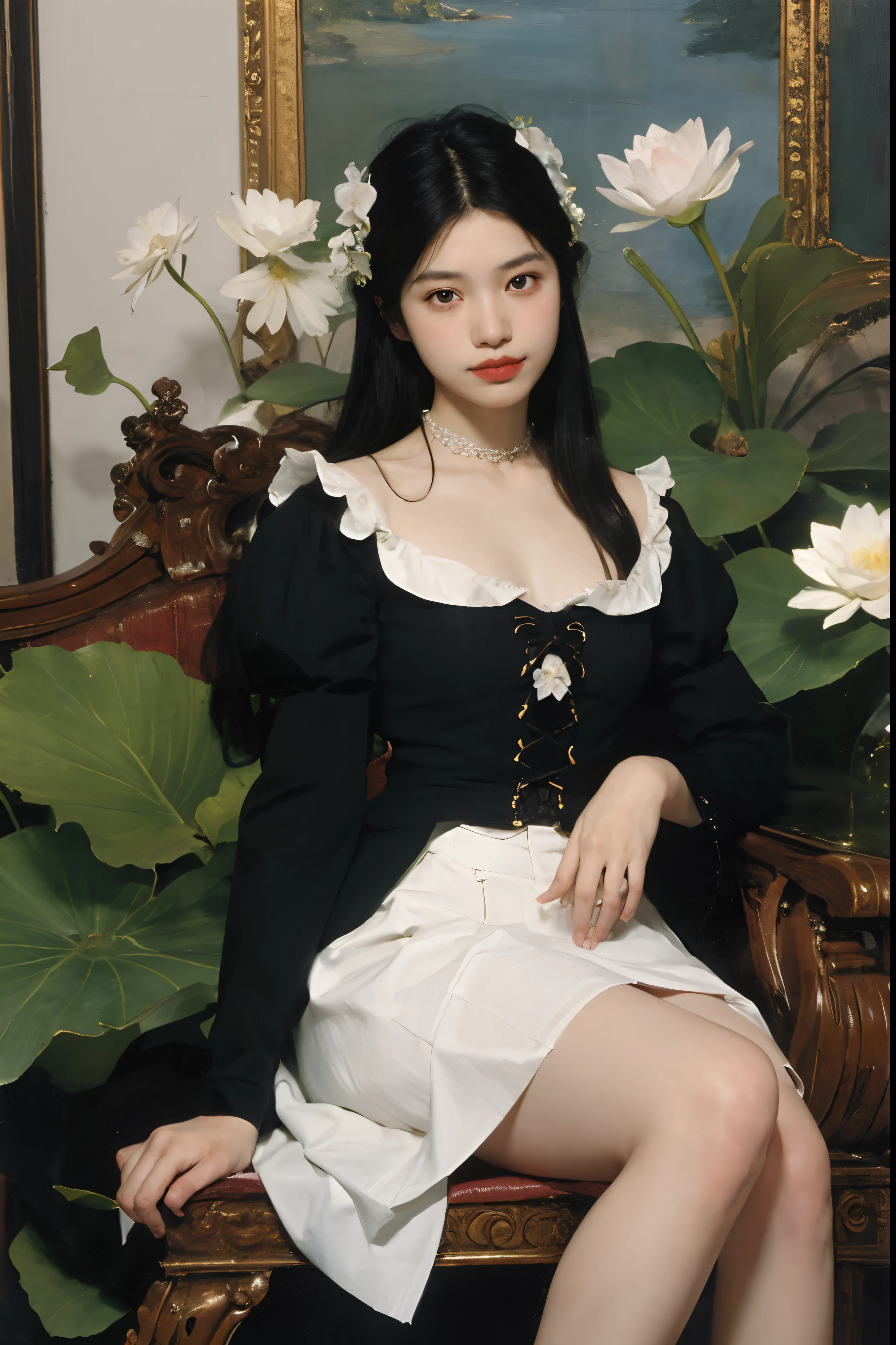 (Oil painting: 1.5),
\\
A woman with long black hair and white flowers in her hair sitting in a lotus flower, white blouse, cyan skirt (Amy Saul: 0.248), (Stanley Atger Liu: 0.106), (a detailed painting: 0.353), (Gothic art: 0.106)